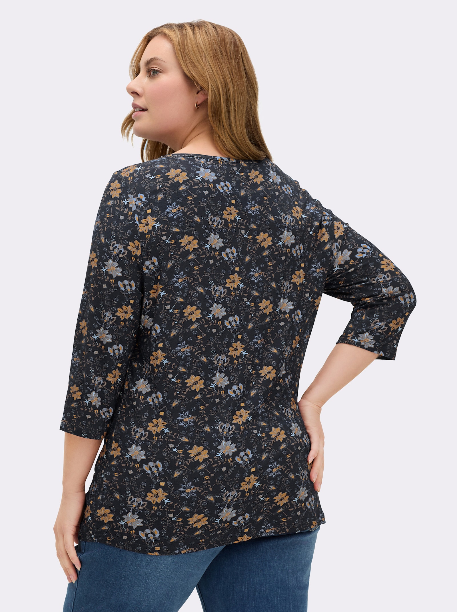 Print-Shirt mit U-Boot-Ausschnitt - marine-ocker-bedruckt