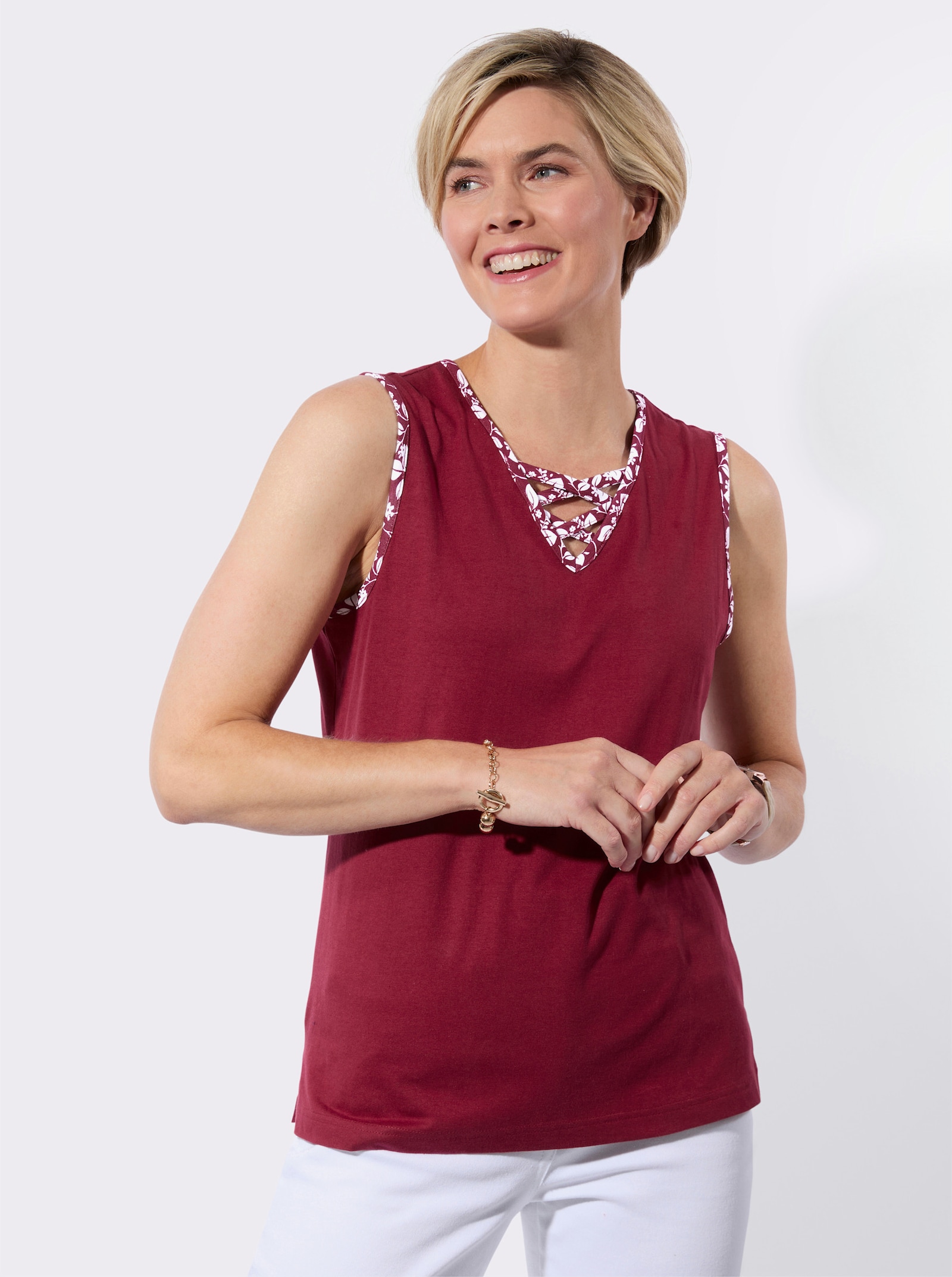 Shirttop mit gemusterter Paspelierung - dunkelrot