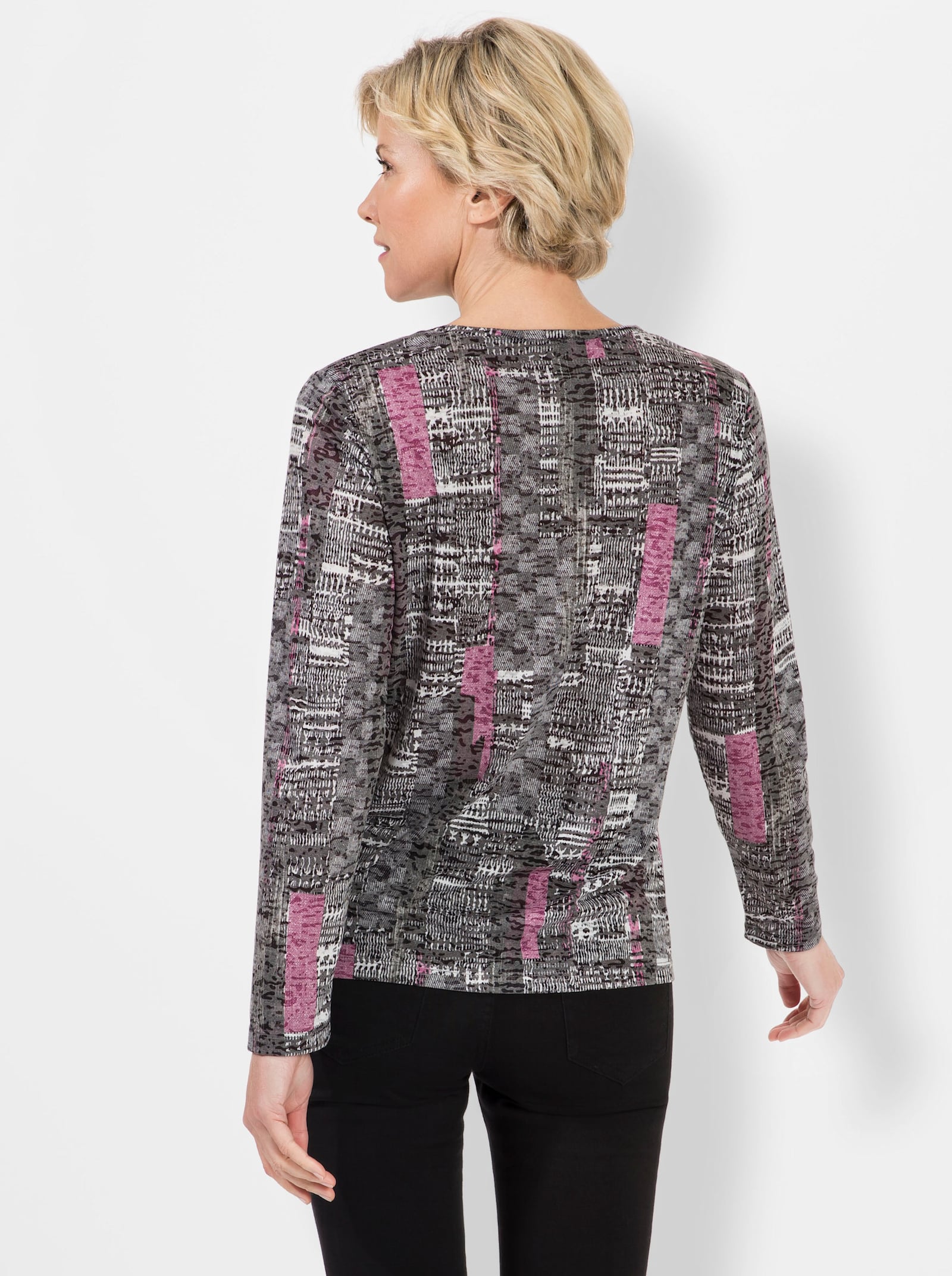 Rundhalsshirt mit Rundhals-Ausschnitt - orchidee-graphit-bedruckt