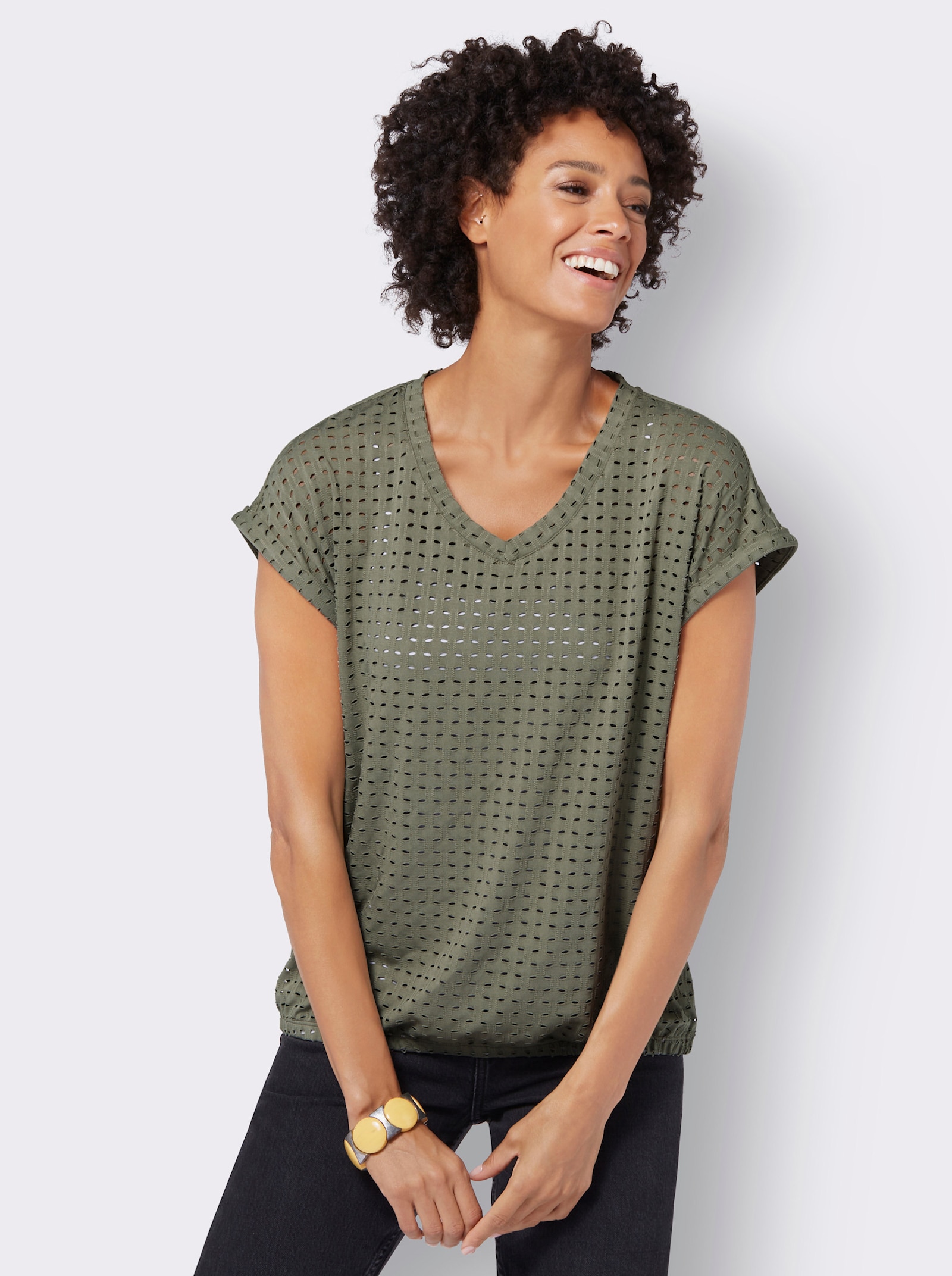 Kurzarmshirt mit Lochmuster - khaki