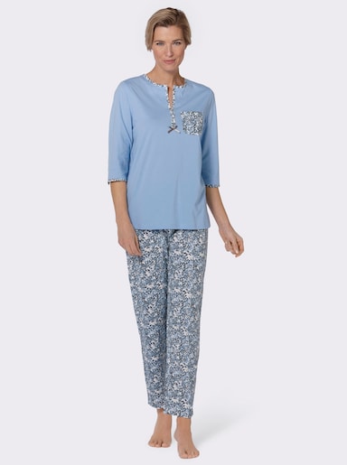 wäschepur Schlafanzug mit gemusterten Paspeln - blau-grau-bedruckt