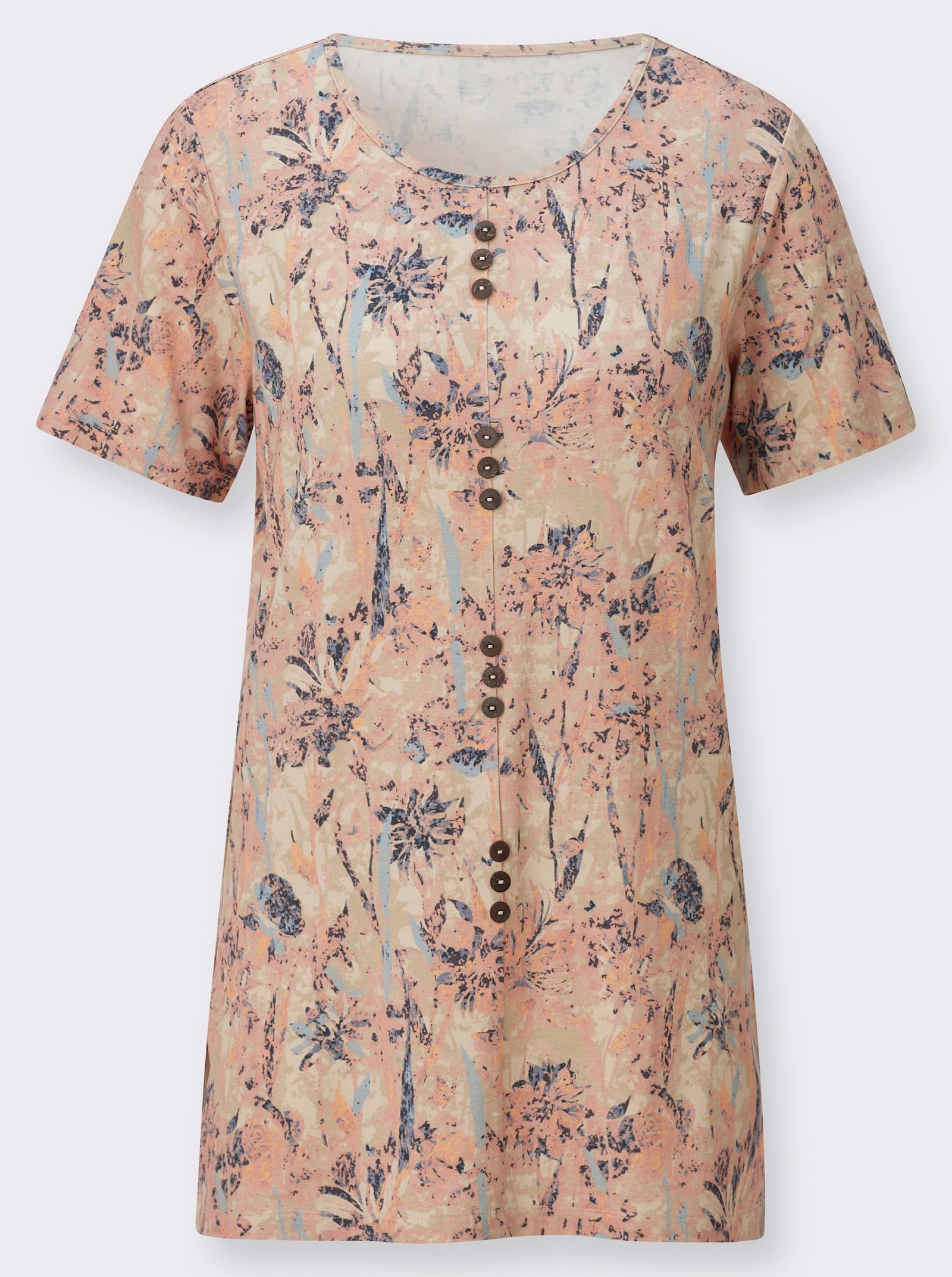 Longshirt mit Zierknöpfen - sand-bleu-bedruckt
