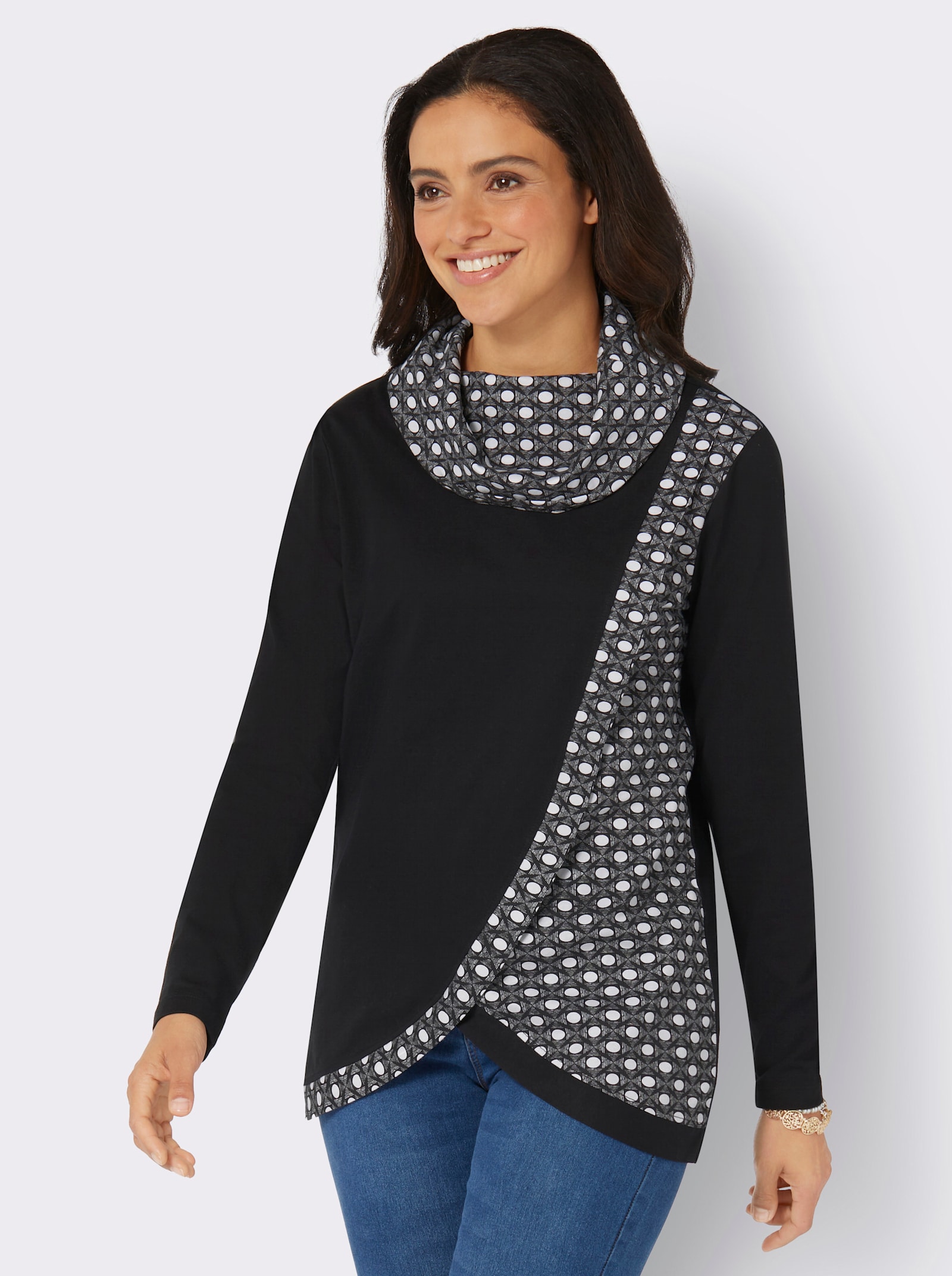 Rollkragenshirt mit Lagen-Optik - schwarz-ecru-bedruckt