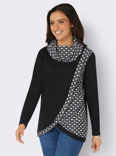 Rollkragenshirt mit Lagen-Optik - schwarz-ecru-bedruckt