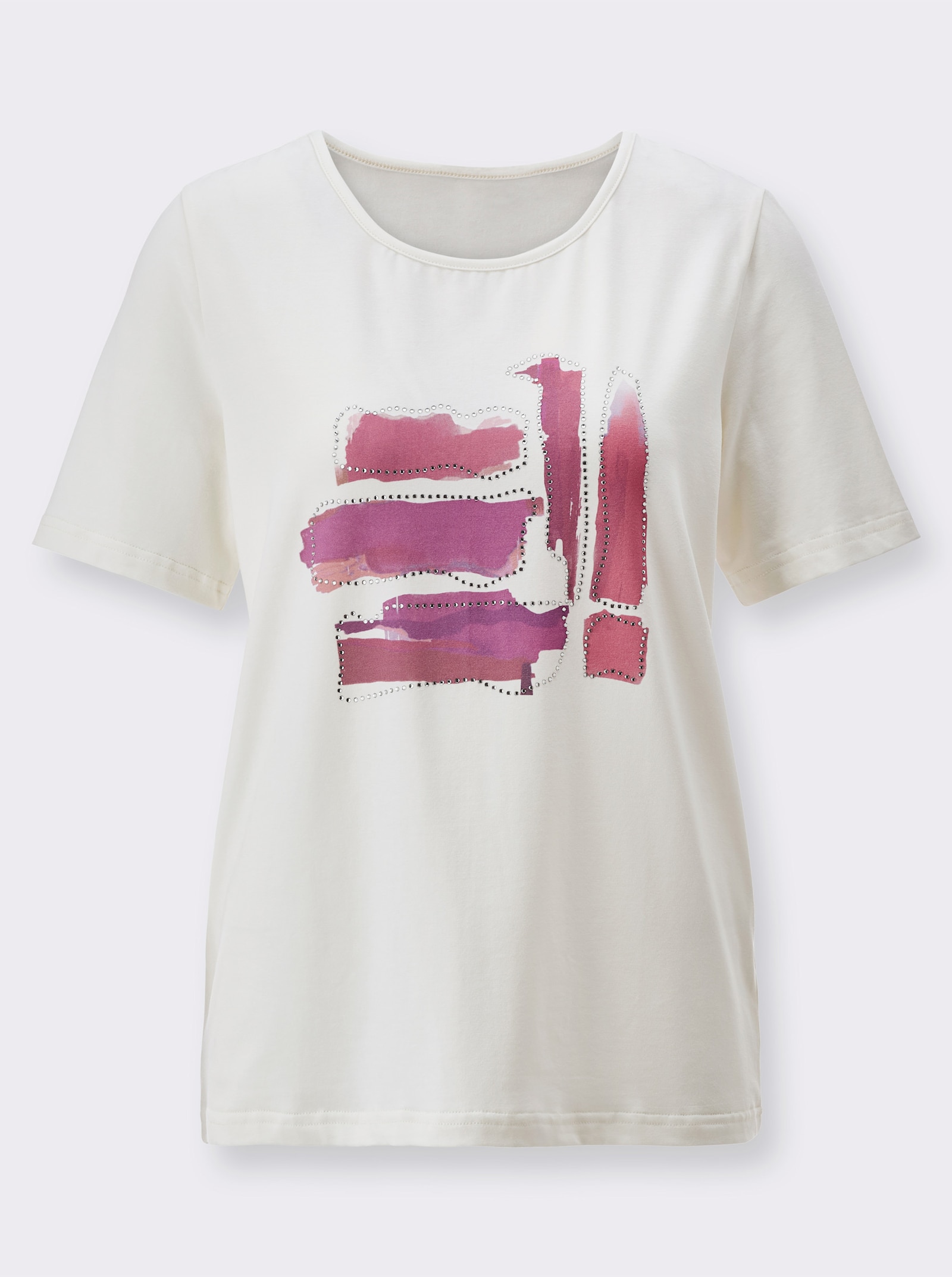 Kurzarmshirt mit Glitzersteinchen - ecru-fuchsia-bedruckt