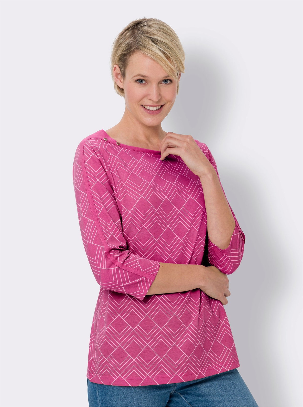 3/4-Arm-Shirt - fuchsia-ecru-bedruckt