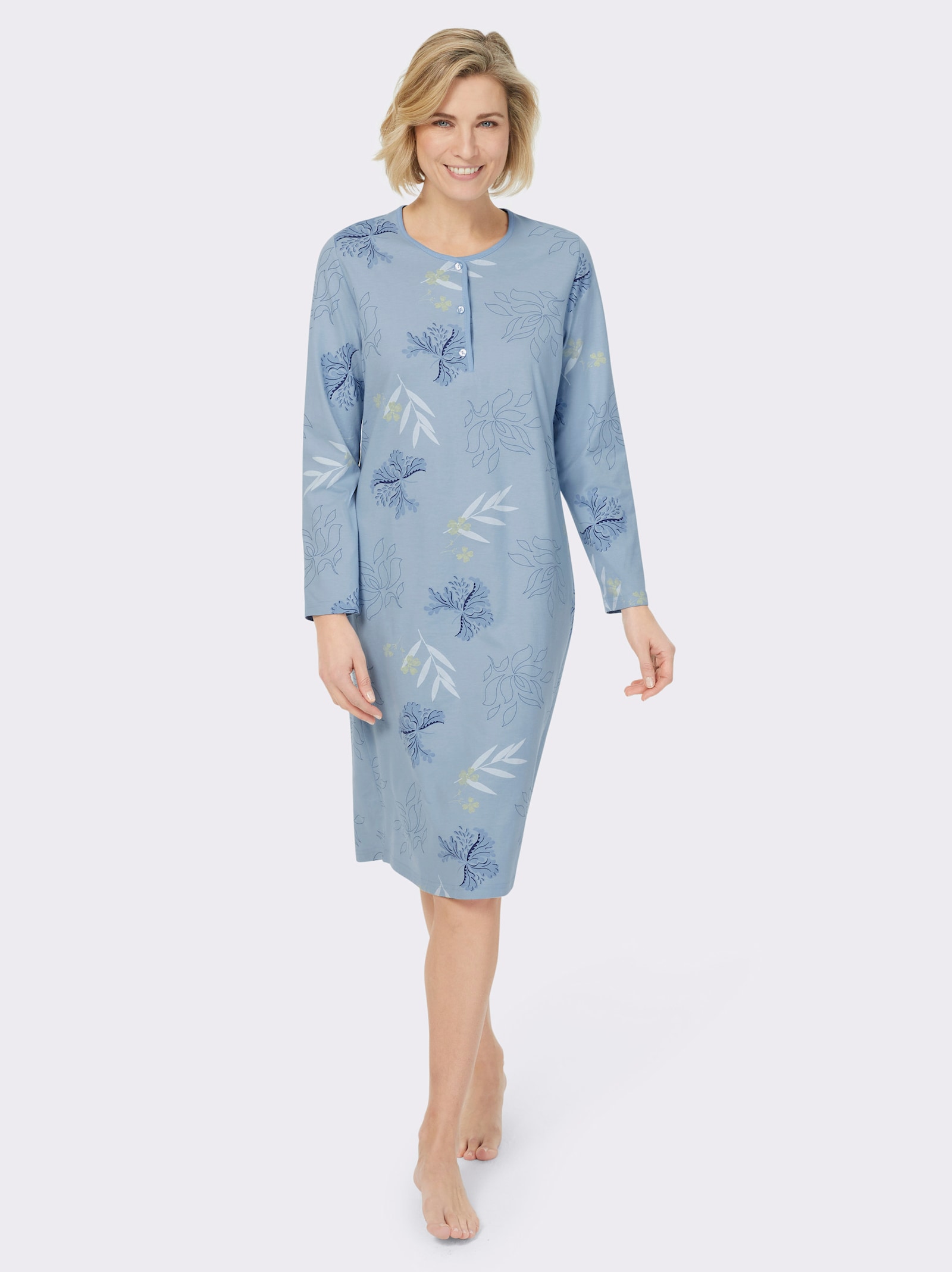 Ascafa Nachthemden im Doppelpack, floraler Print - hellblau + hellblau-bedruckt