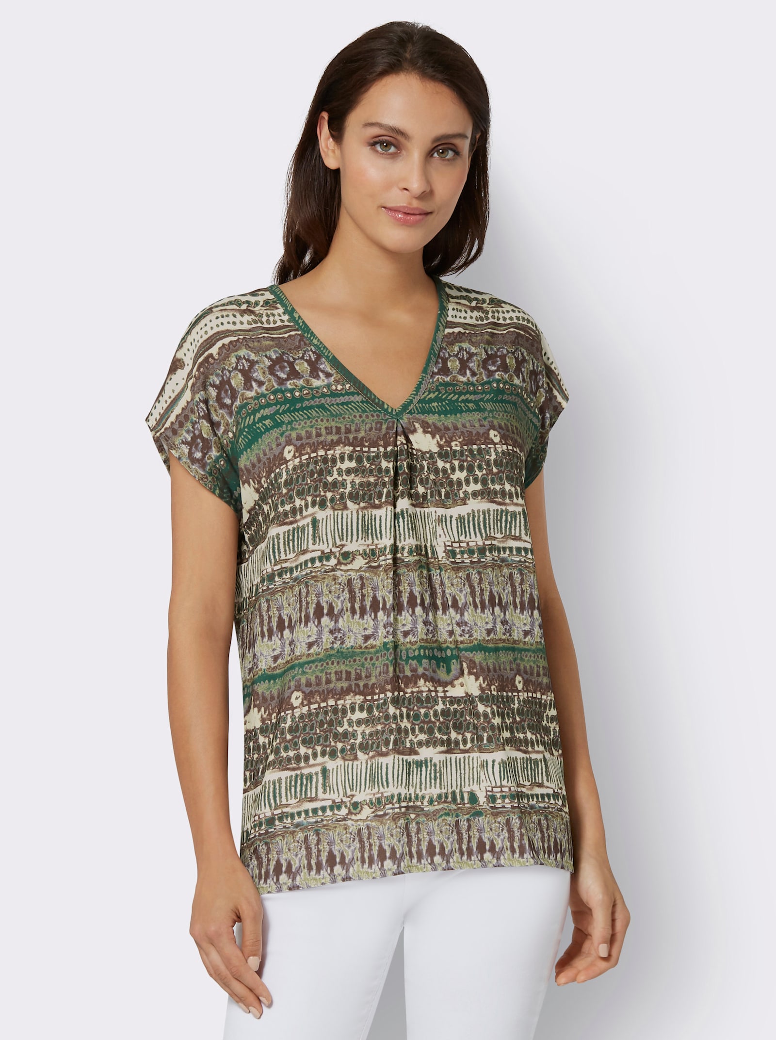 Blouse met korte mouwen en flatteuze plooi voor - rietgroen/choco bedrukt