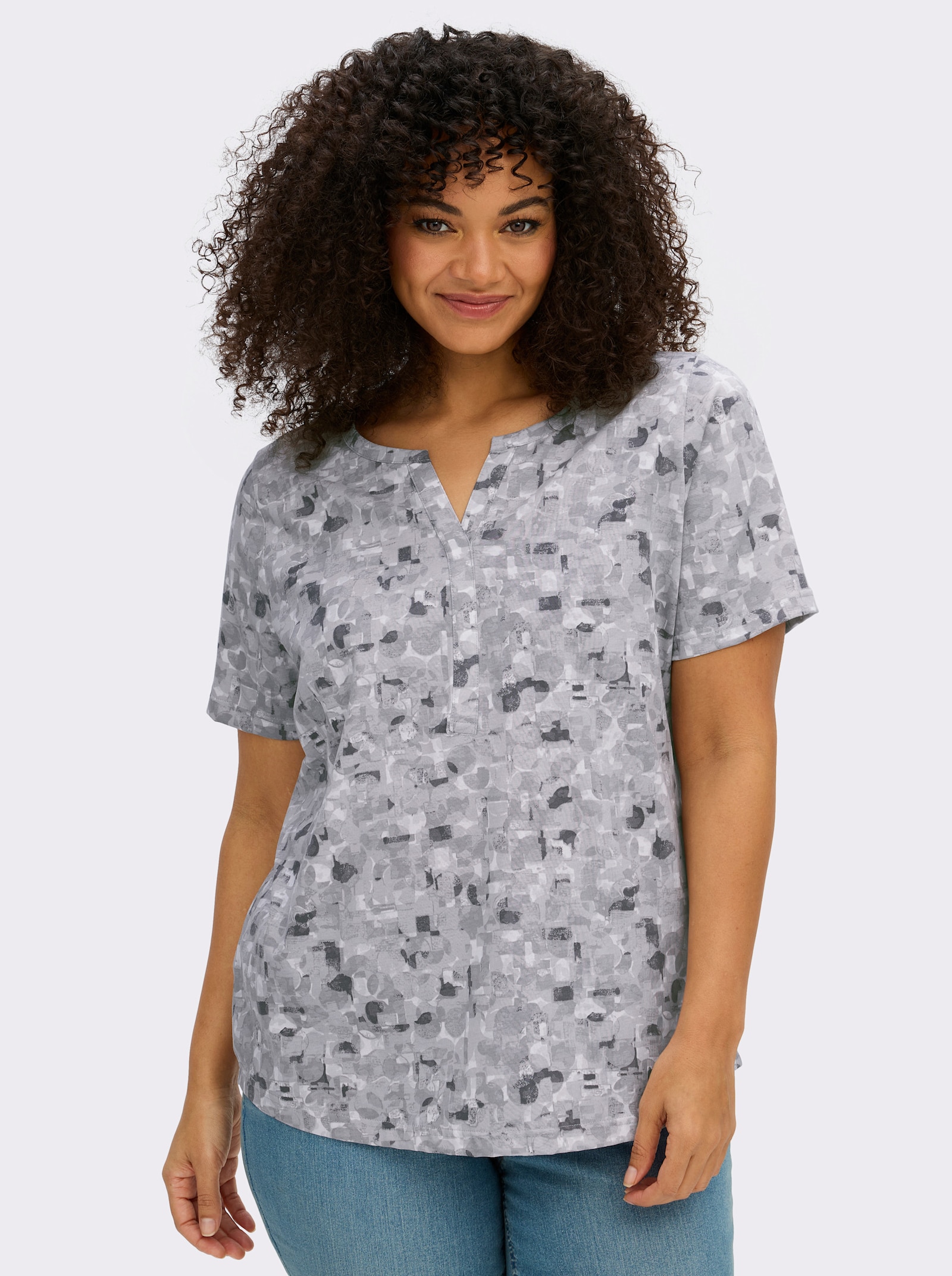 Kurzarmshirt in Baumwoll-Qualität - hellgrau-steingrau-bedruckt