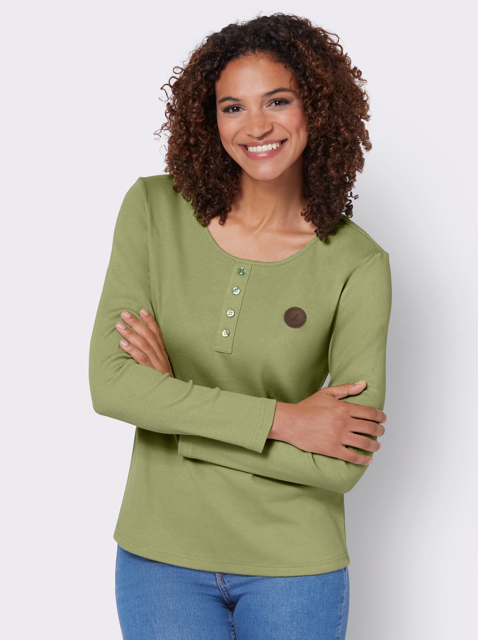 Shirt met lange mouwen en sierknoopsluiting - lindegroen