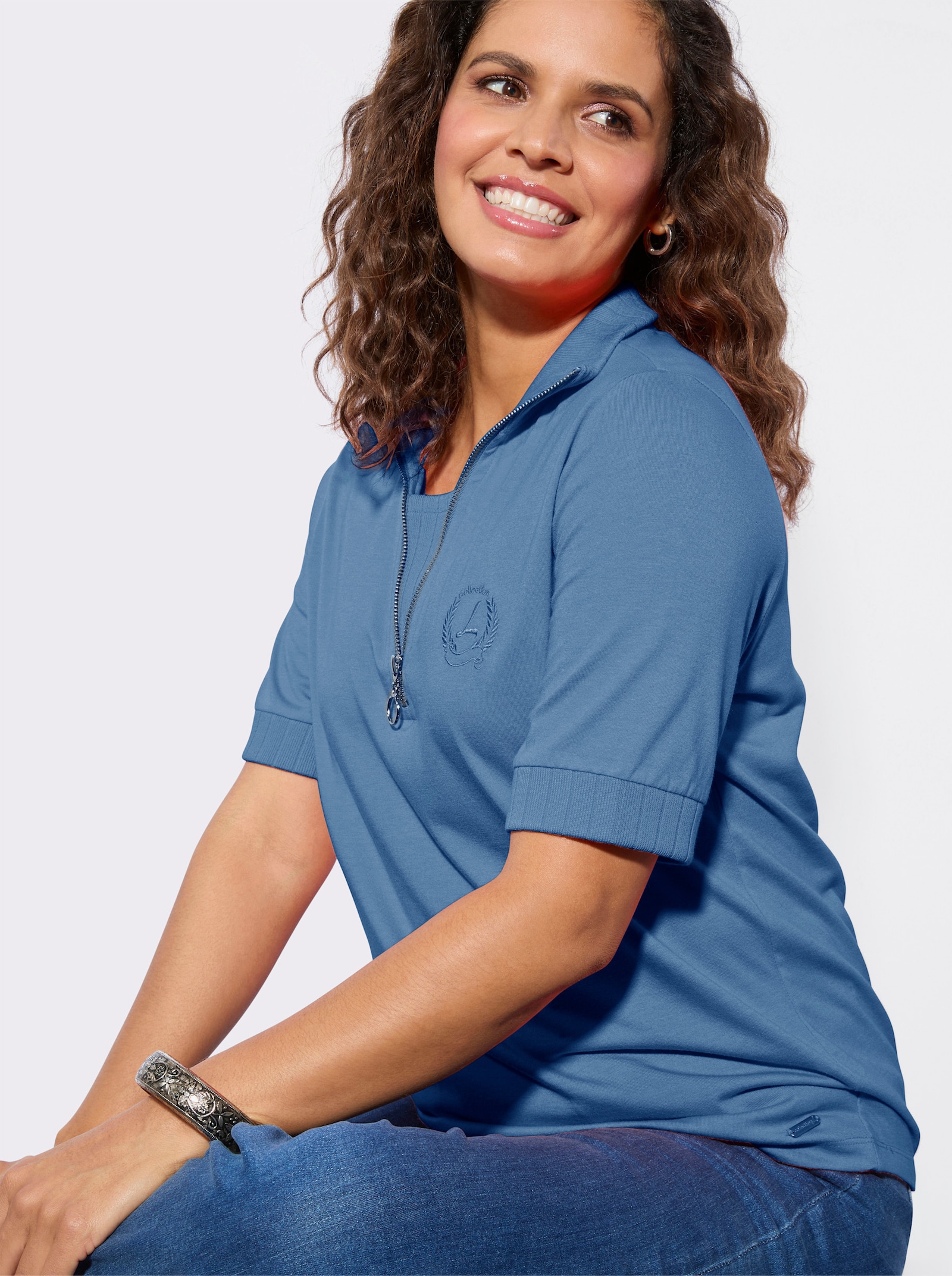 Poloshirt mit 2-in-1-Optik - mittelblau