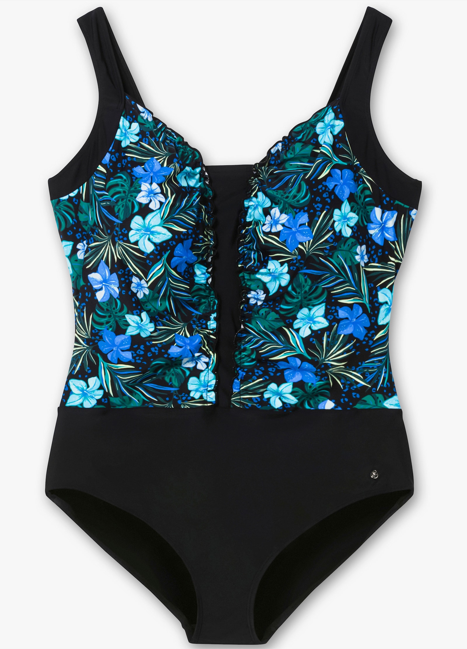 sheego Badeanzug mit Rüschenkanten - schwarz-bedruckt