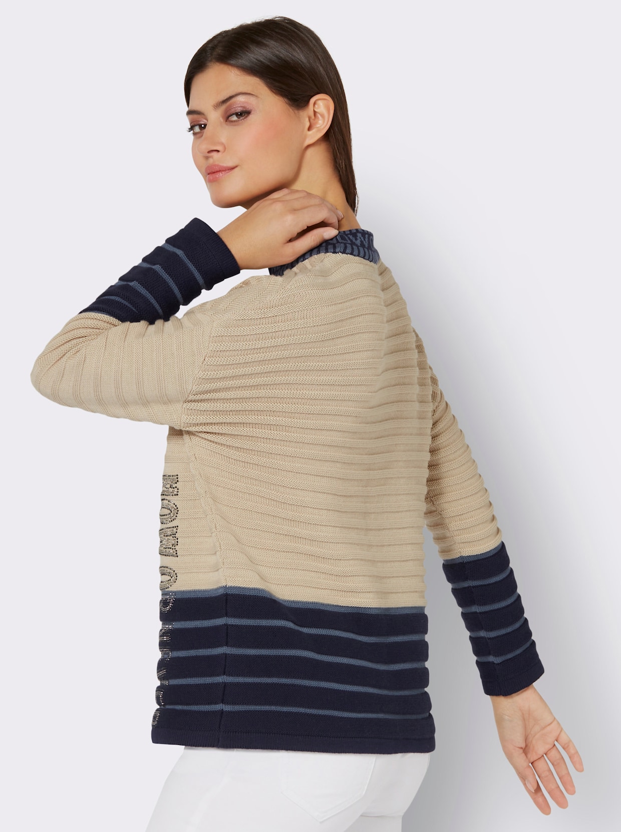 Stehkragen-Pullover - marine-sand-geringelt