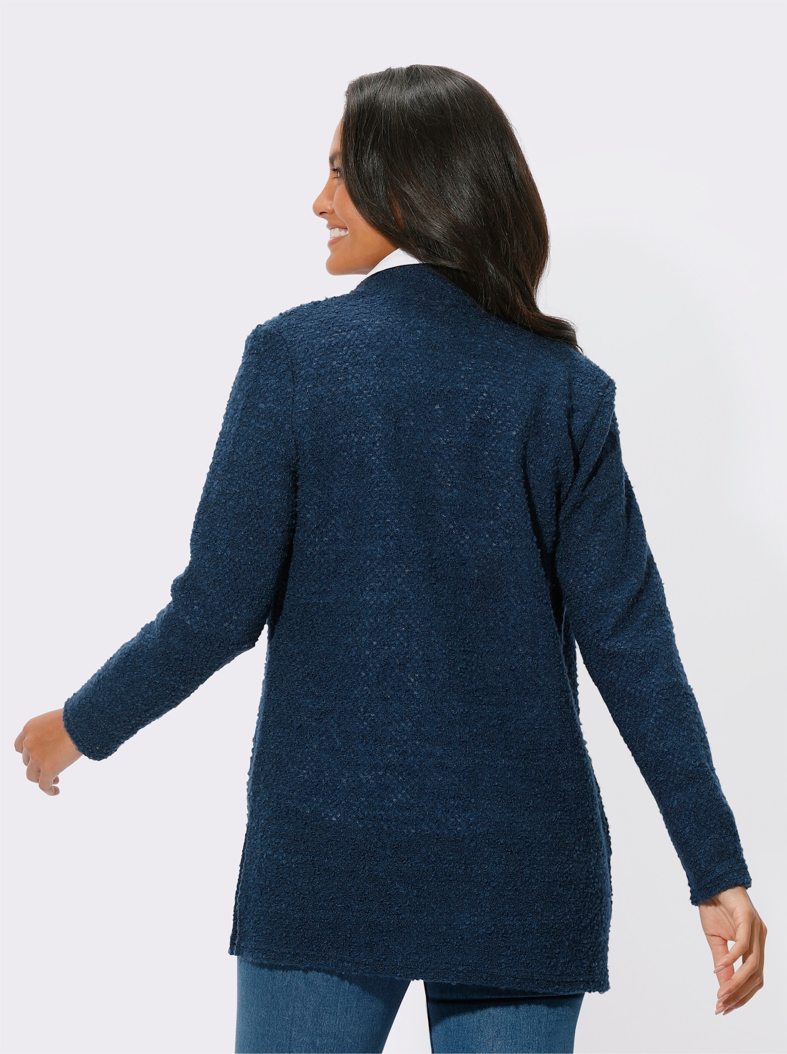 Lang vest met sjaalkraag, bouclé - donkerblauw gemêleerd