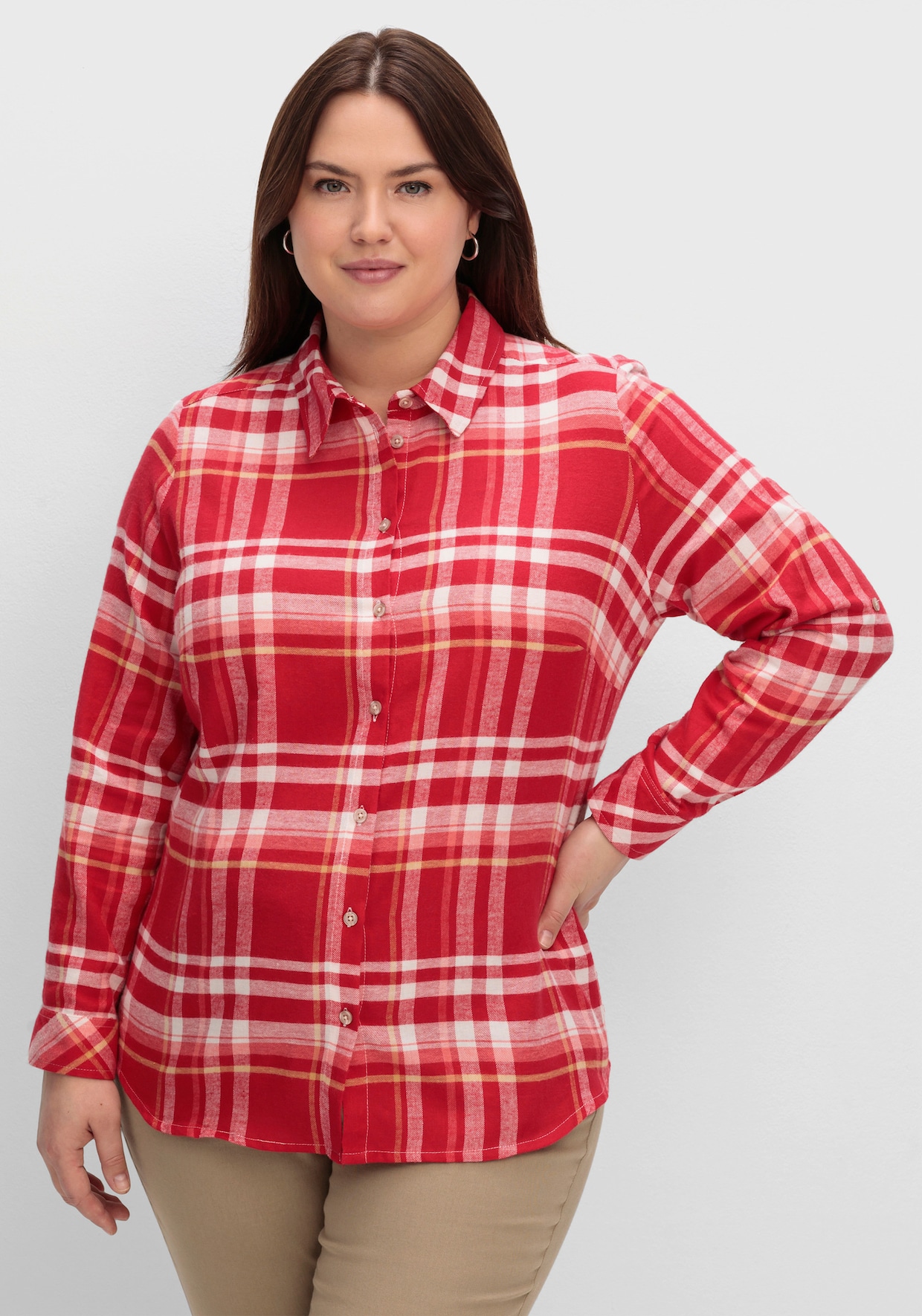 Flanellbluse mit krempelbaren Ärmeln - rot-camel-kariert