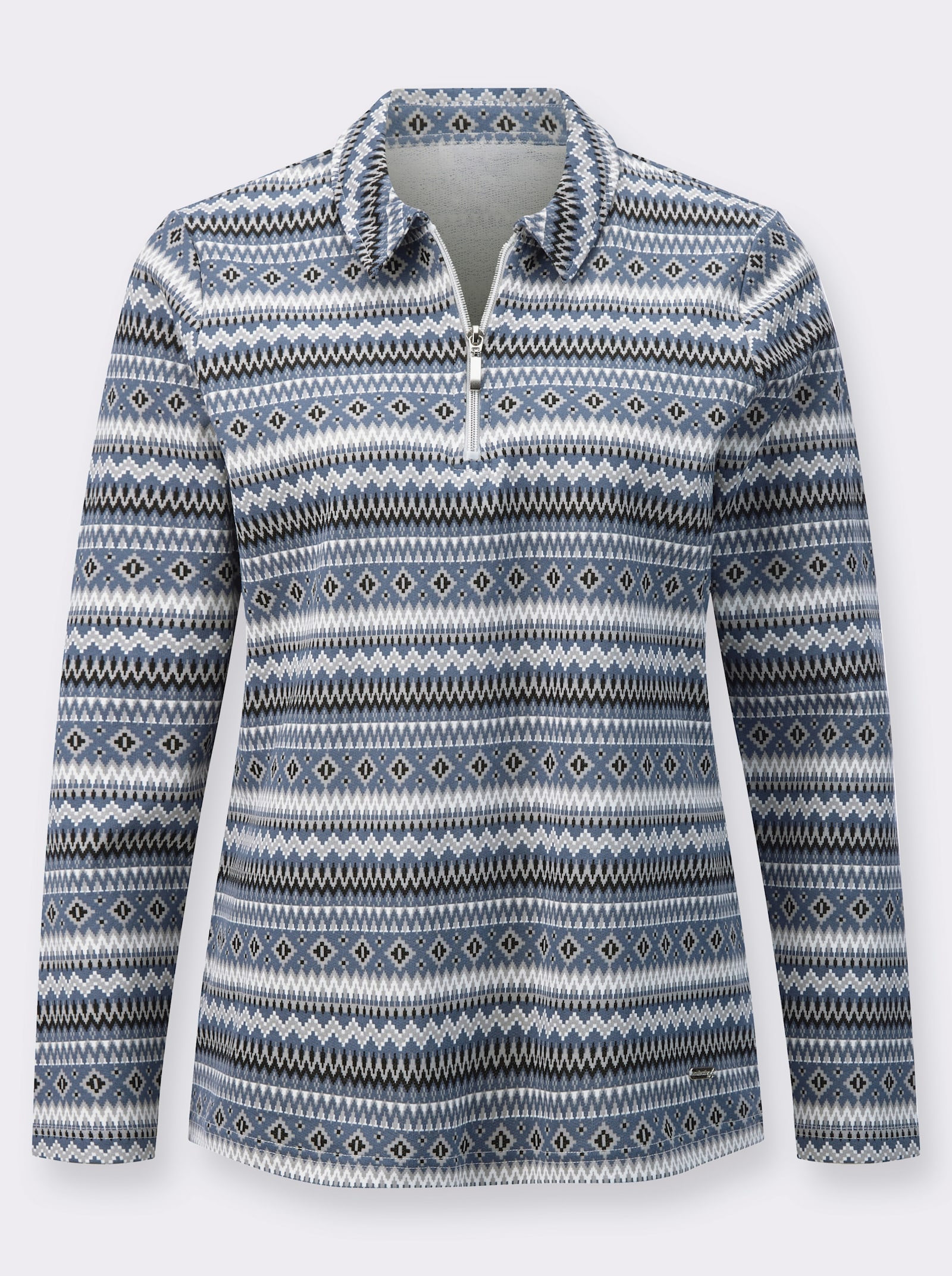 Langarmshirt mit Hemdkragen - rauchblau-steingrau-bedruckt