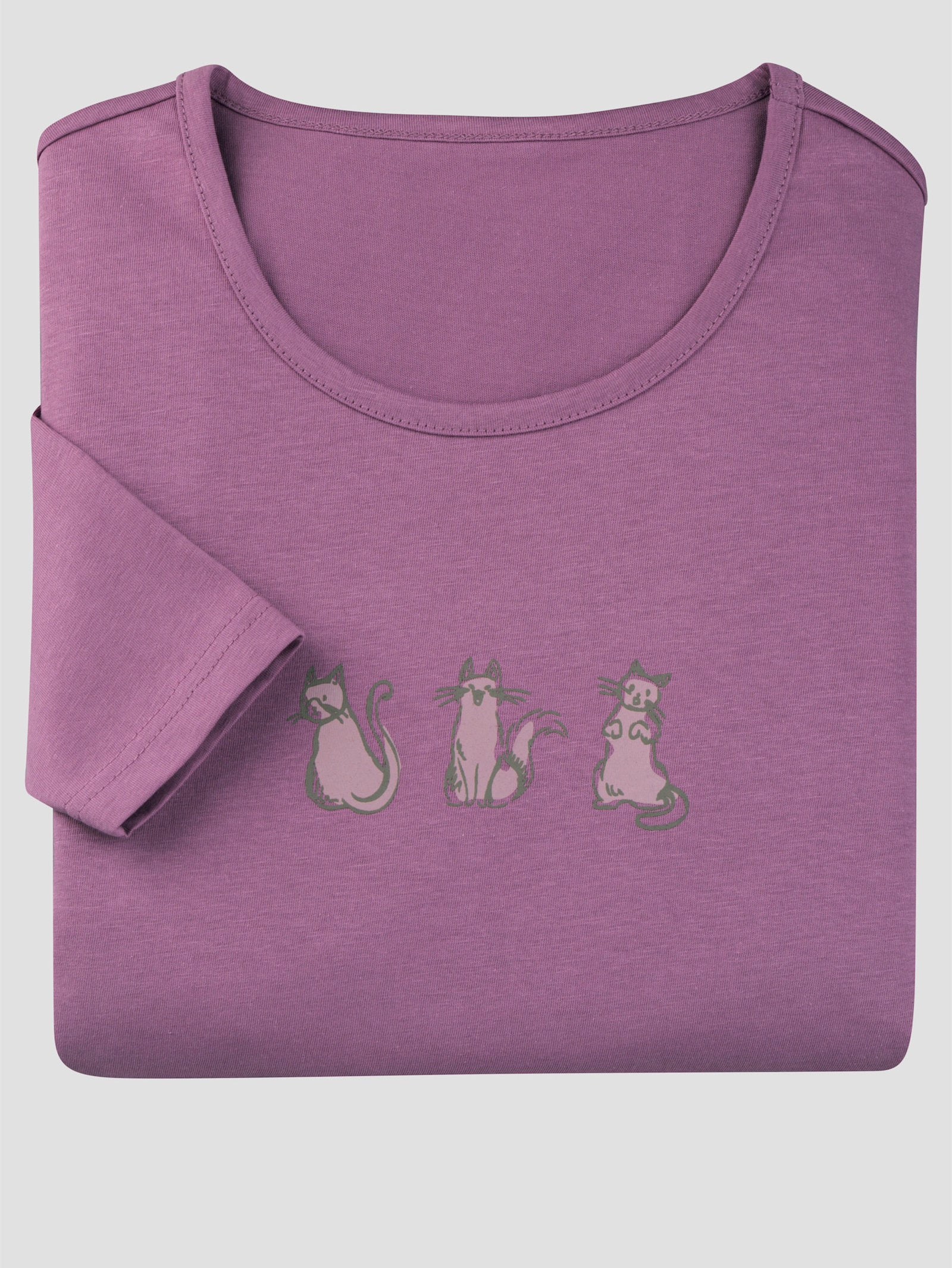 Rundhalsshirt mit Katzen-Motiv - violett-mauve