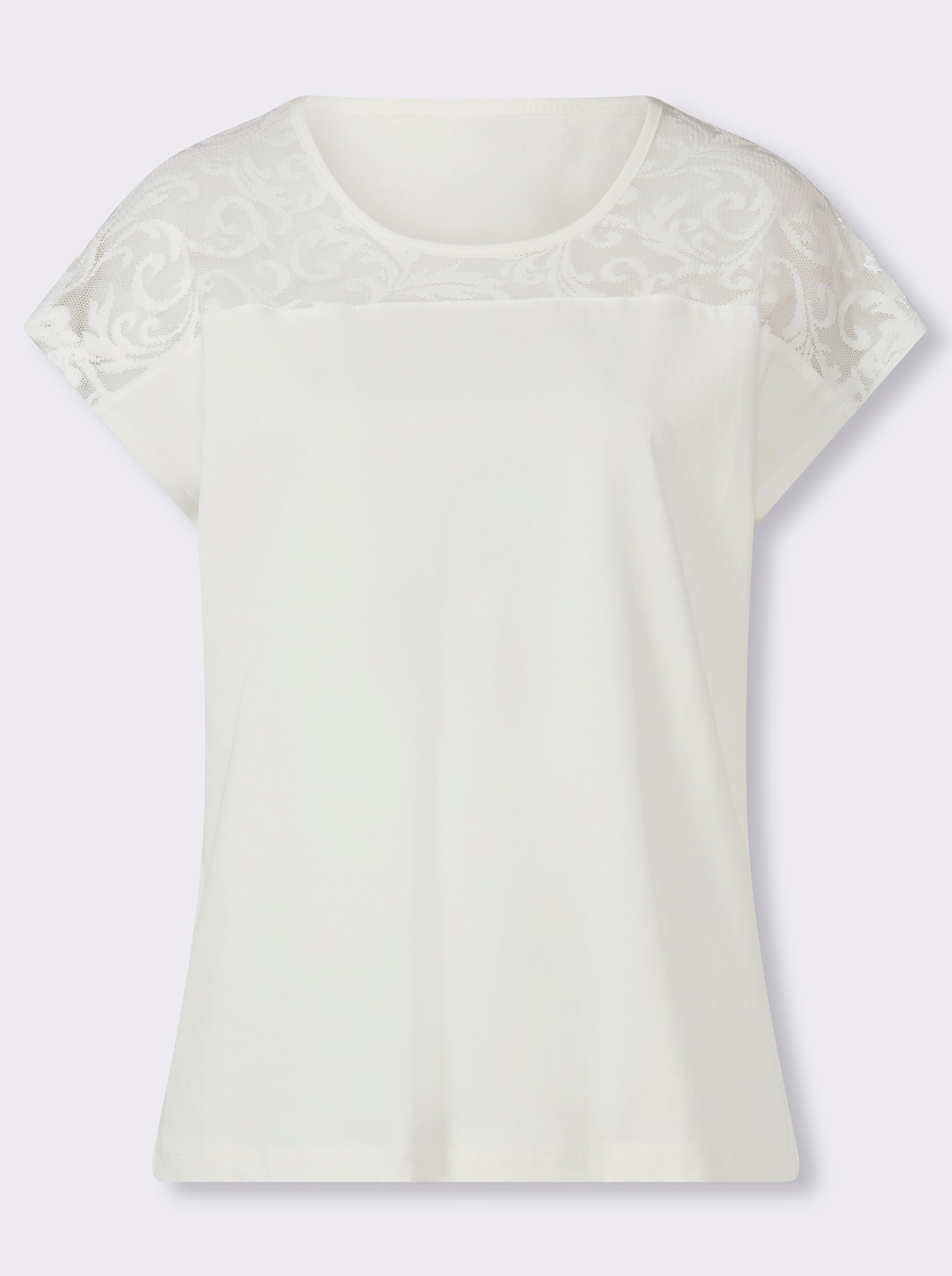 Rundhalsshirt mit Spitzeneinsatz - ecru