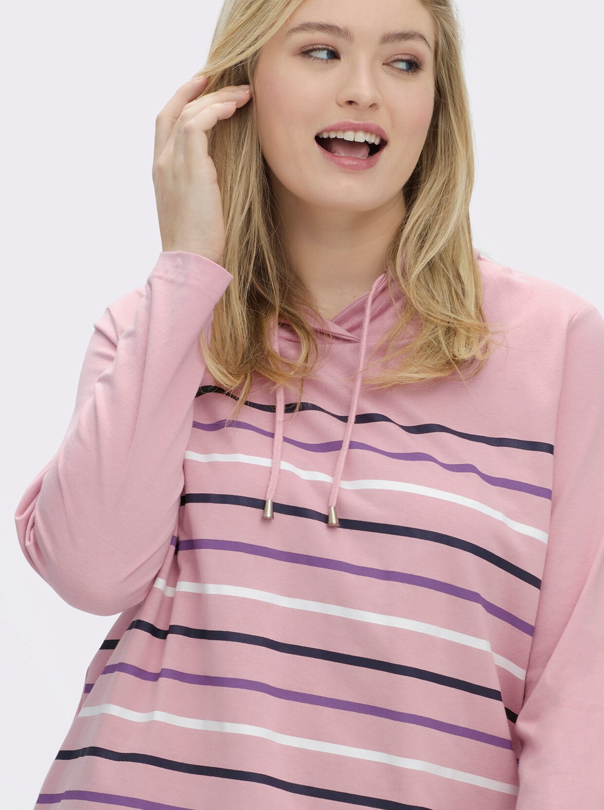 Stehkragenshirt mit Tunnelzug - rosé-geringelt