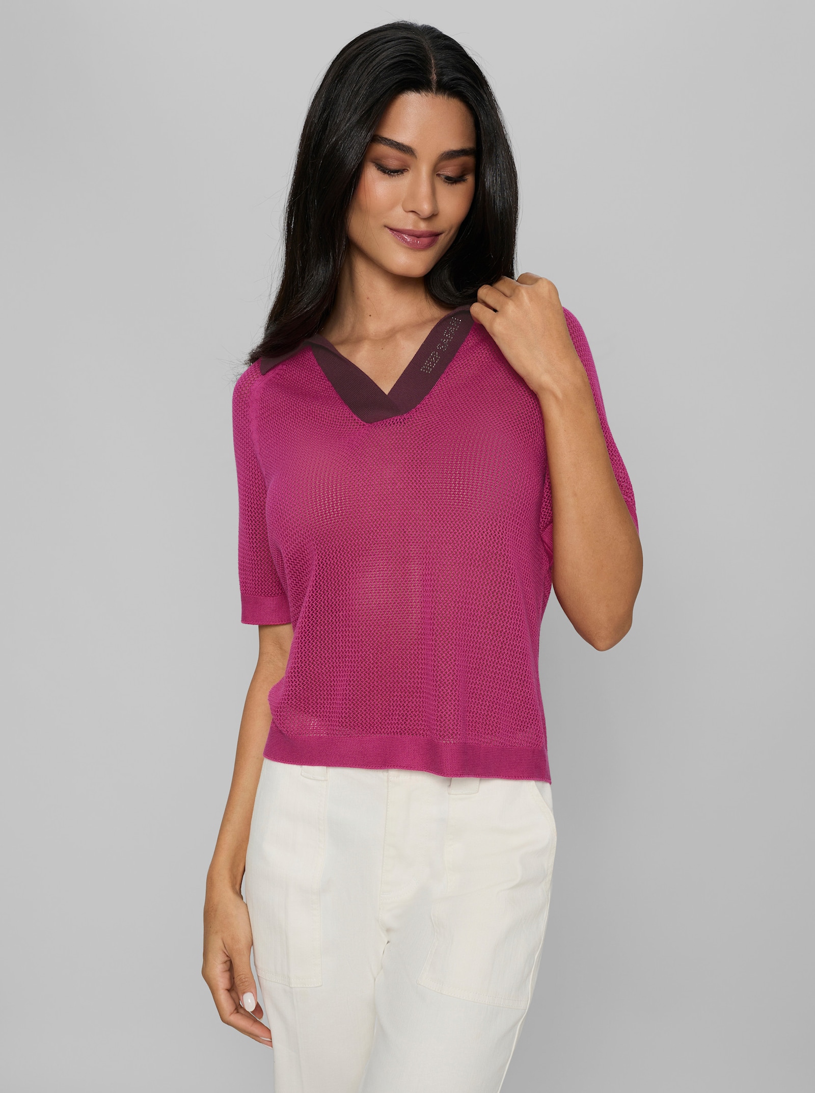 heine Ajourpullover mit Polokragen - fuchsia