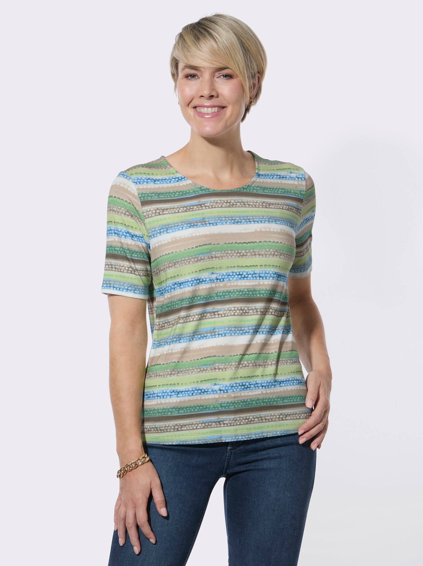 Rundhalsshirt - pistazie-beige-bedruckt