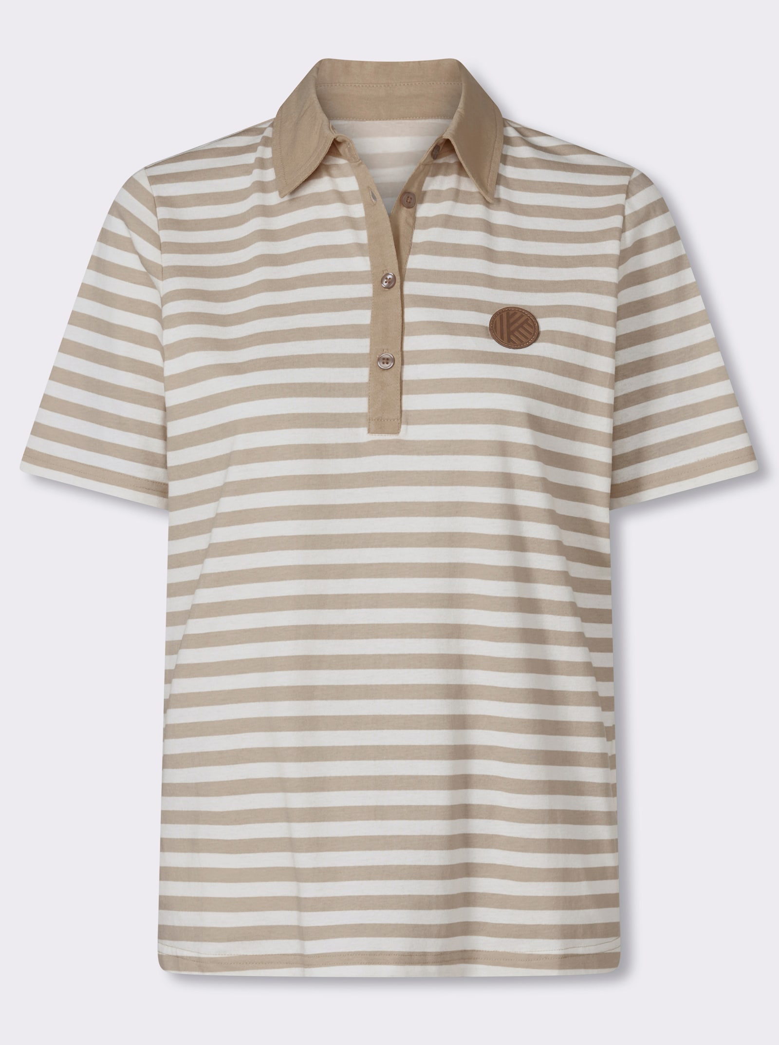 Poloshirt mit Lederimitat-Patch - sesam-weiß-geringelt