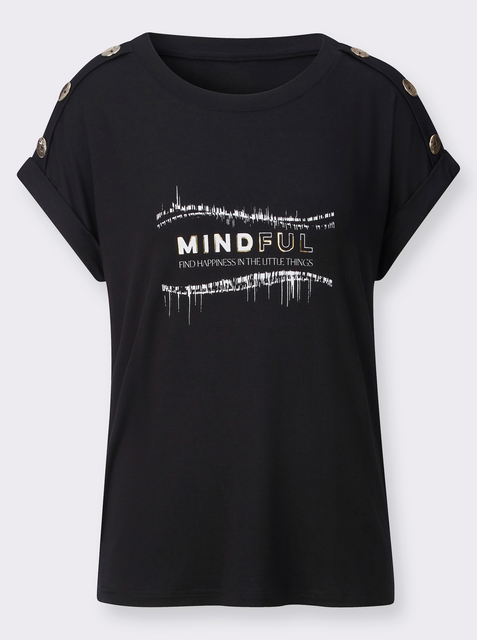 Rundhalsshirt mit goldfarbigem Folien-Druck - schwarz