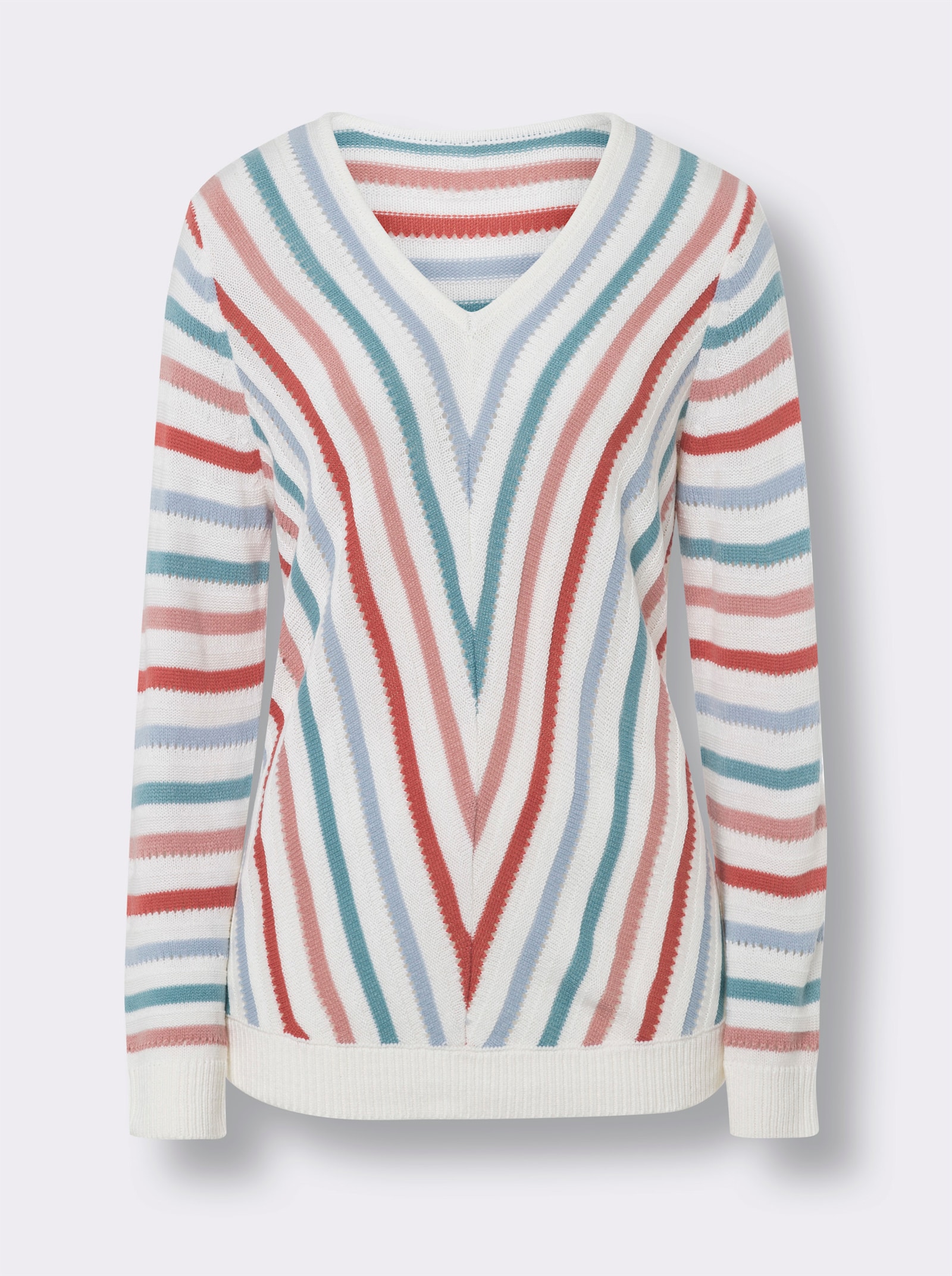 Pulóver s výstr. do V a pruh. vzorom - svetlobéžovo-oceánový vzor