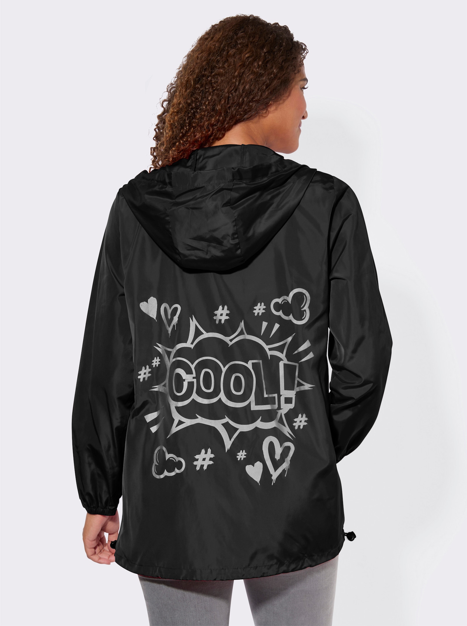 Kapuzenjacke mit Schriftzug im Comic-Stil - schwarz