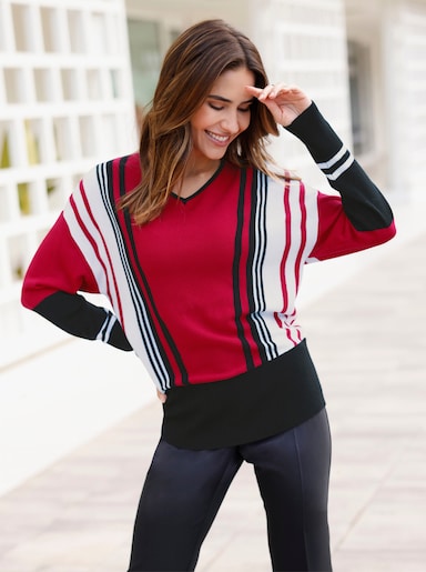 V-Ausschnitt-Pullover - rot-schwarz-gestreift