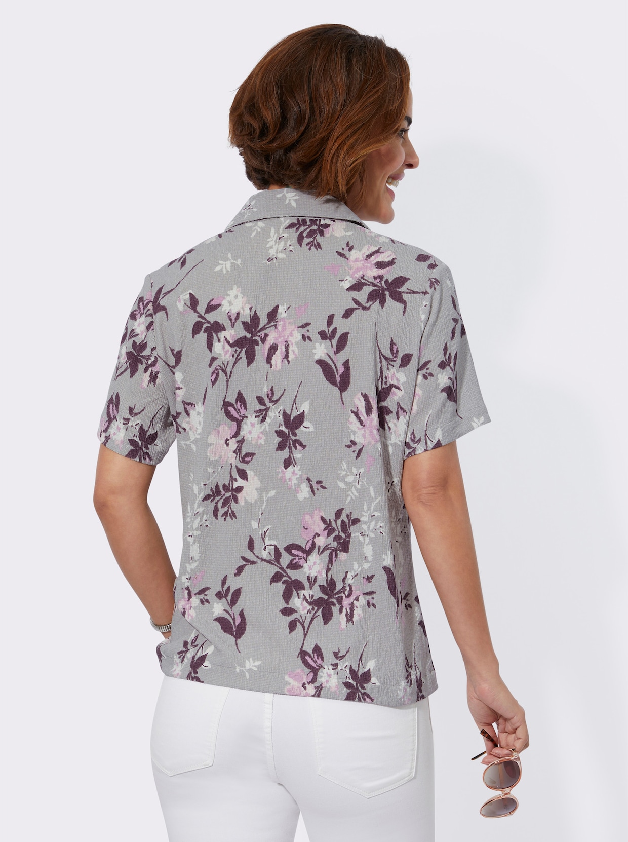 Crêpeblouse - steengrijs/orchidee bedrukt