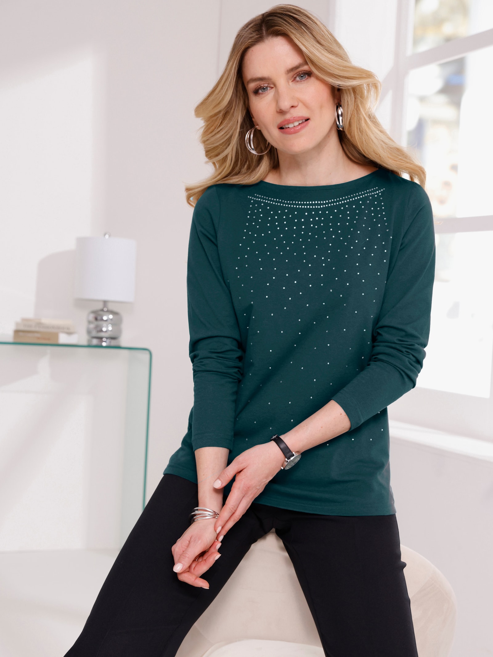 Langarmshirt mit Glitzersteinchen - petrol