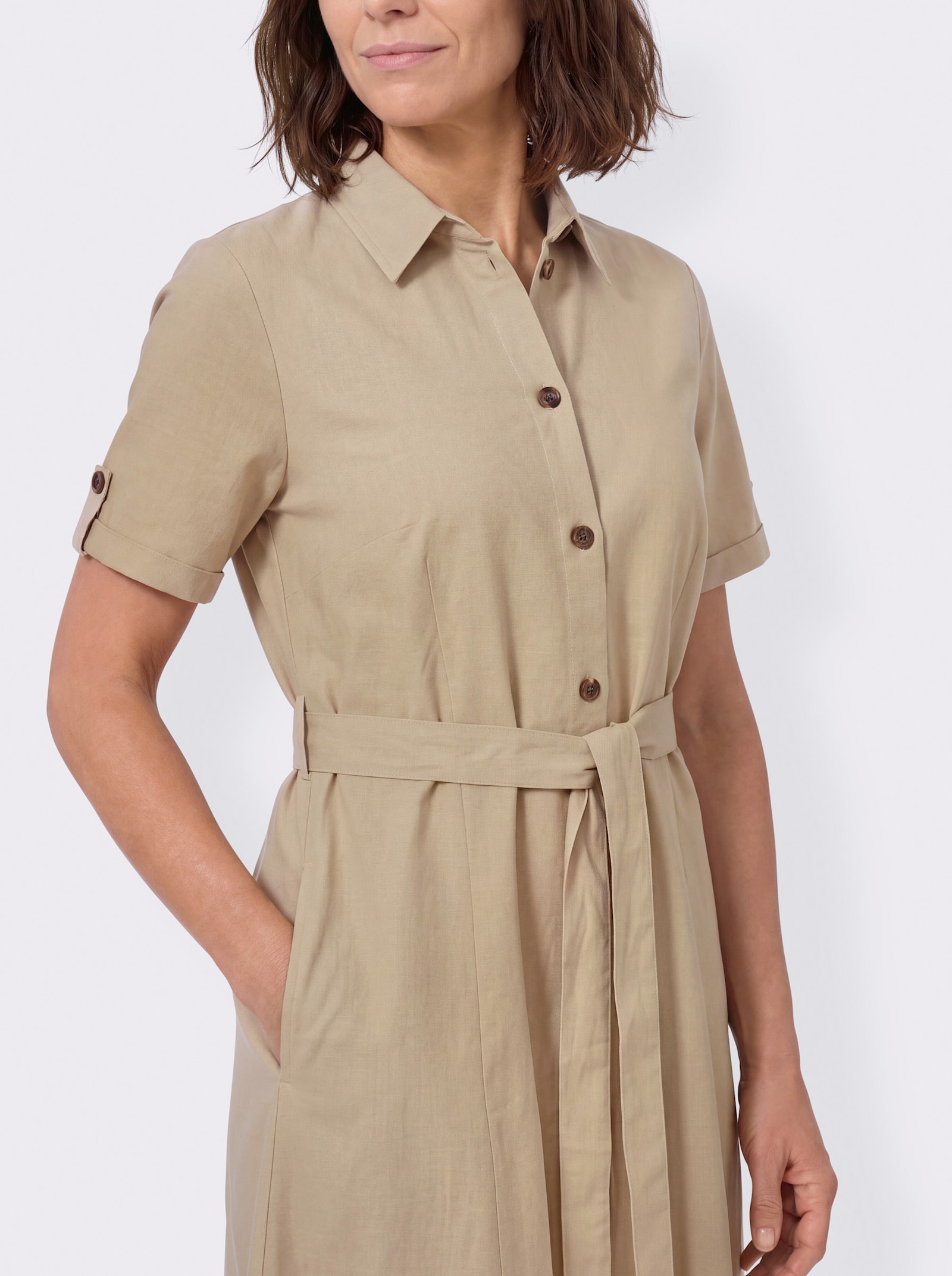 Hemdblusenkleid mit Bindegürtel - beige