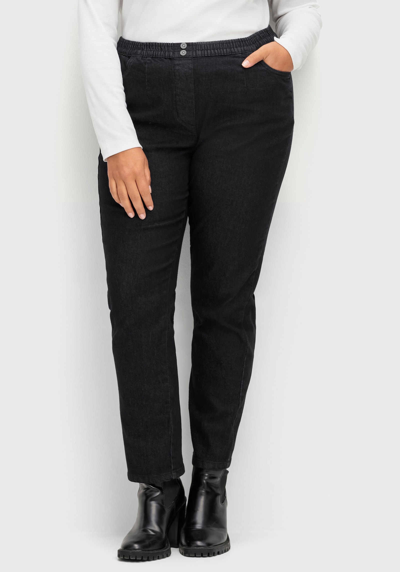 Schlupfjeans mit imitierter Reißverschluss-Blende - black-denim