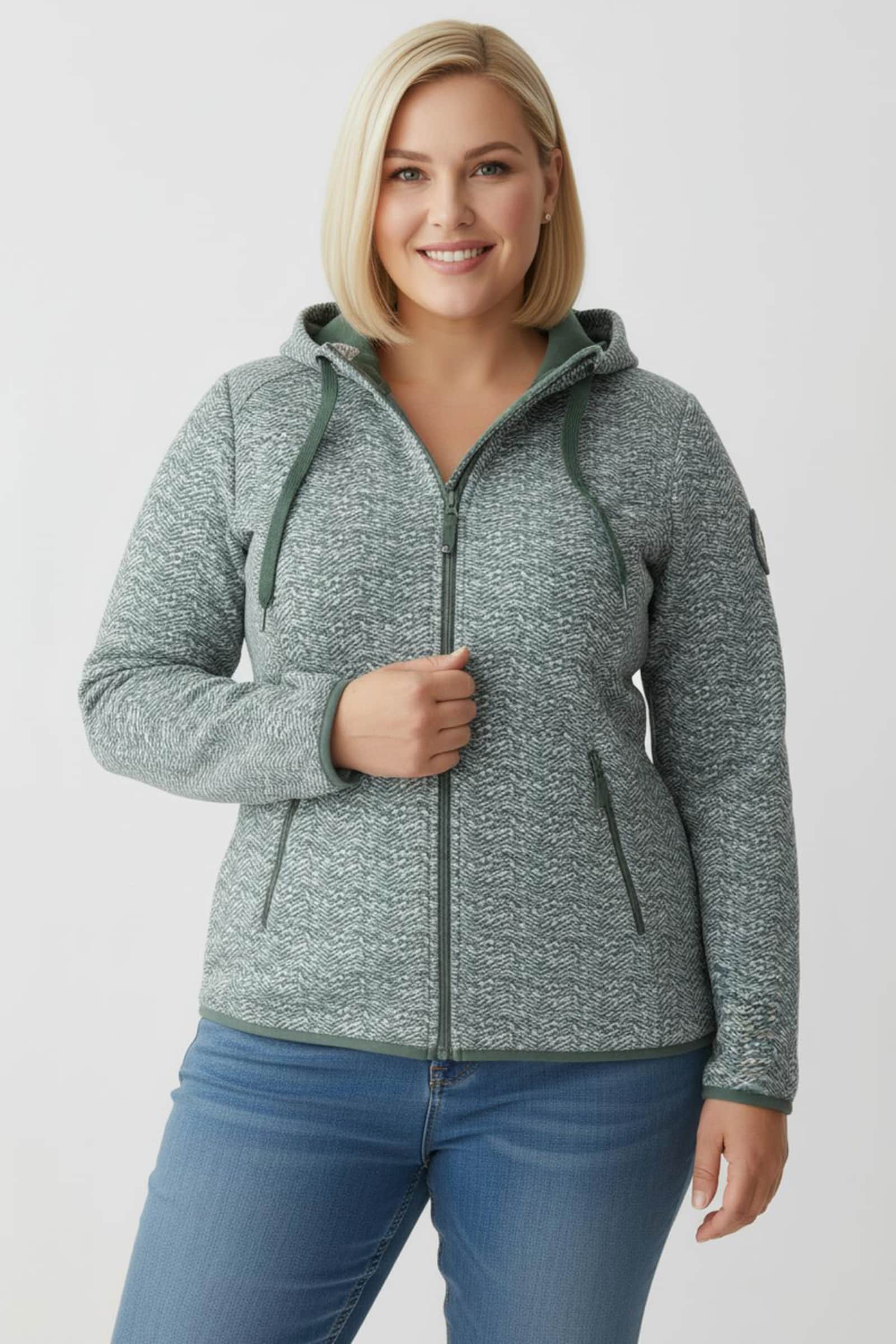 Kapuzenfleecejacke mit abnehmbarer Kapuze - grün-weiß-gemustert