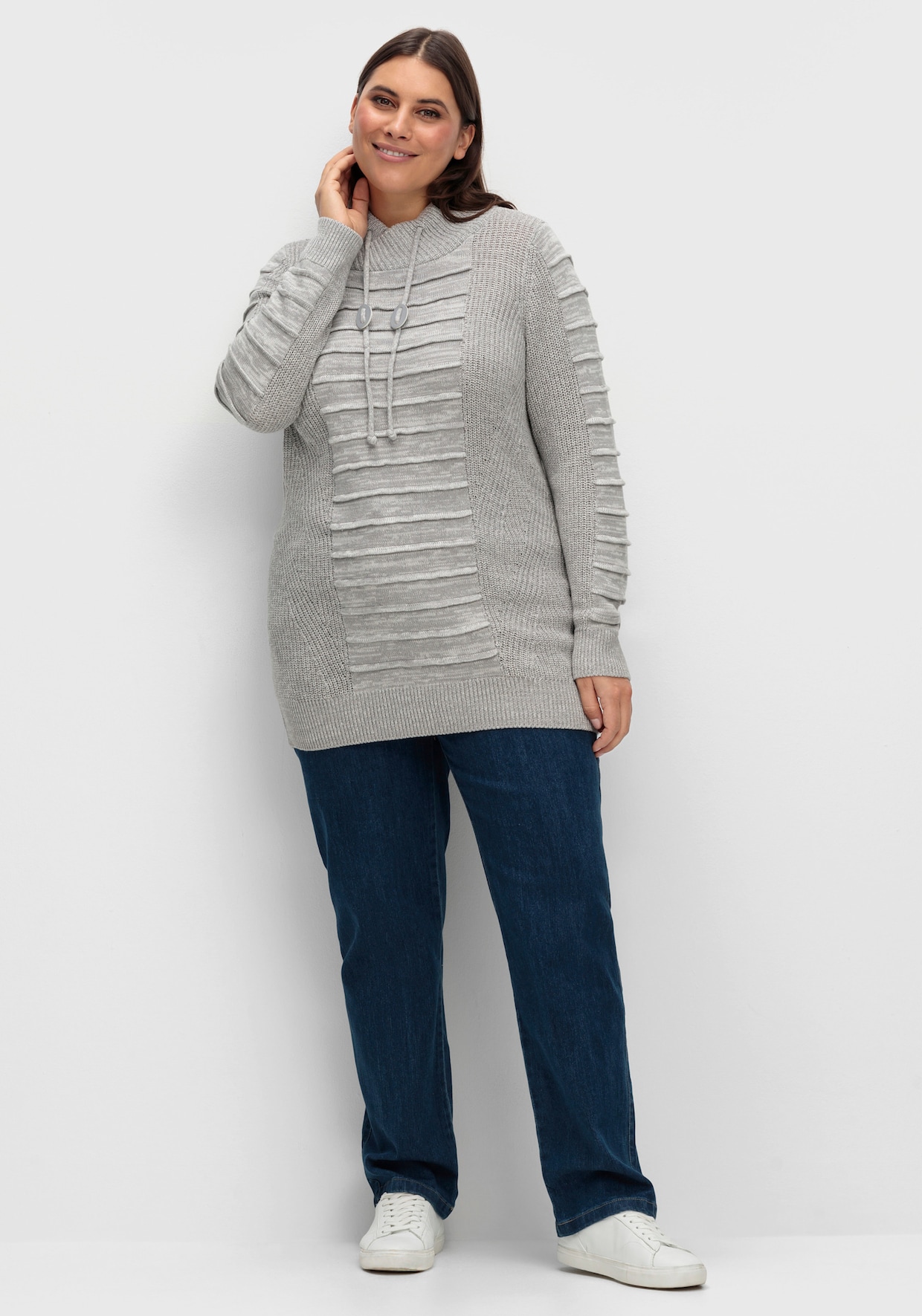 Longpullover - steingrau-weiß-meliert