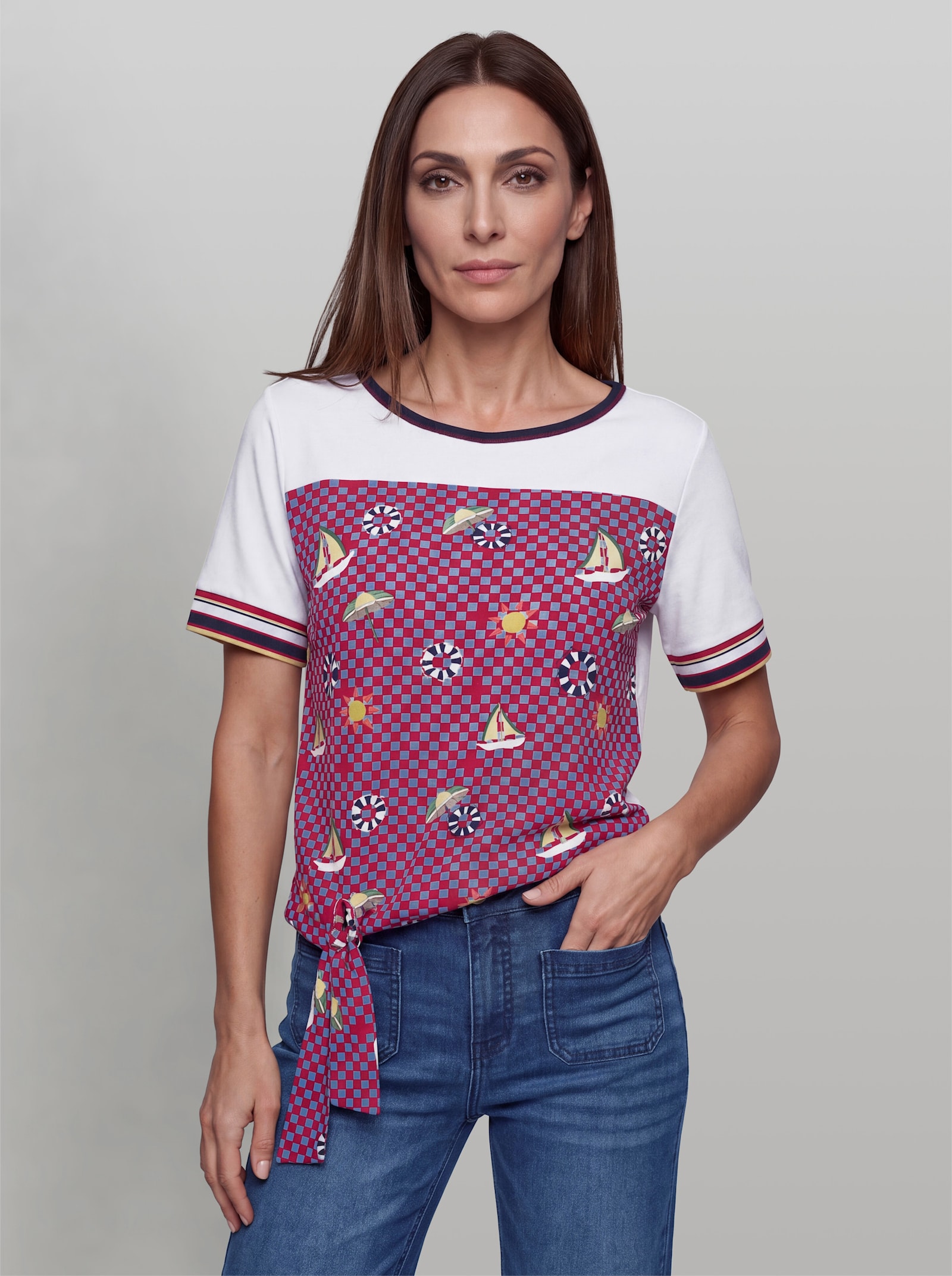 heine Kurzarmshirt mit Knoten-Detail - weiß-erdbeere-bedruckt