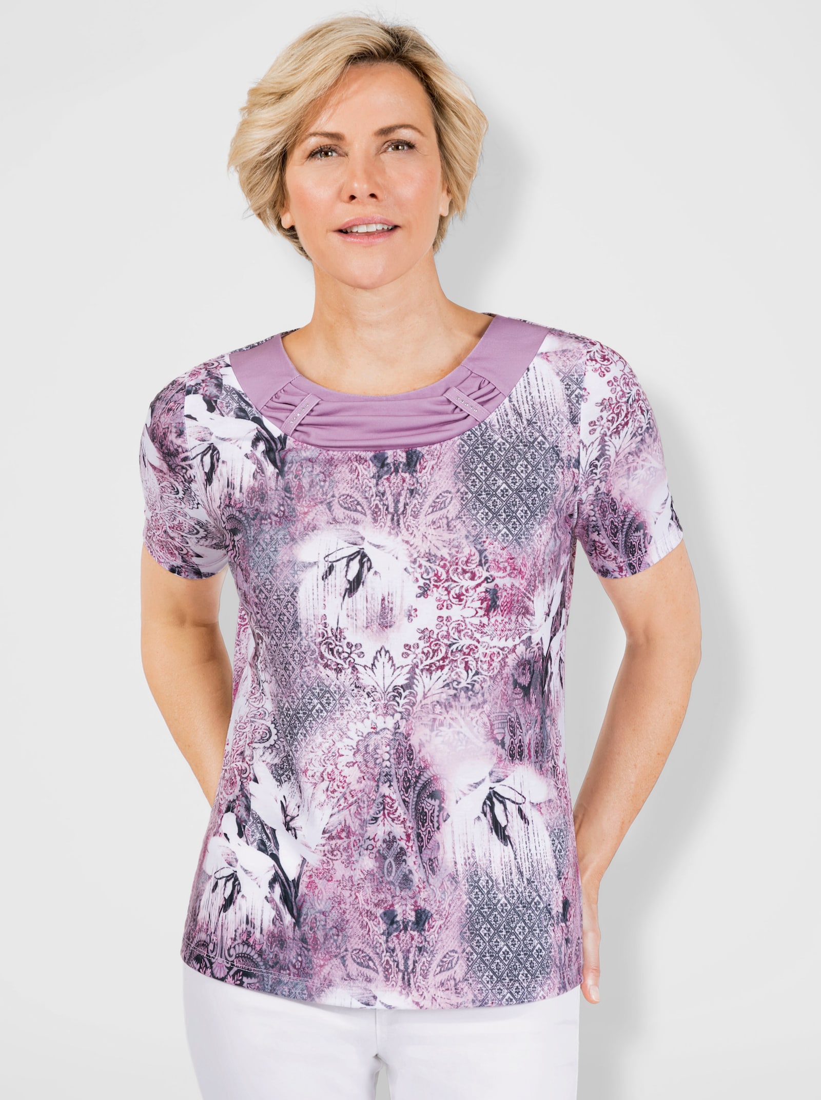 Rundhalsshirt mit Raffung am Ausschnitt - mauve-steingrau-bedruckt