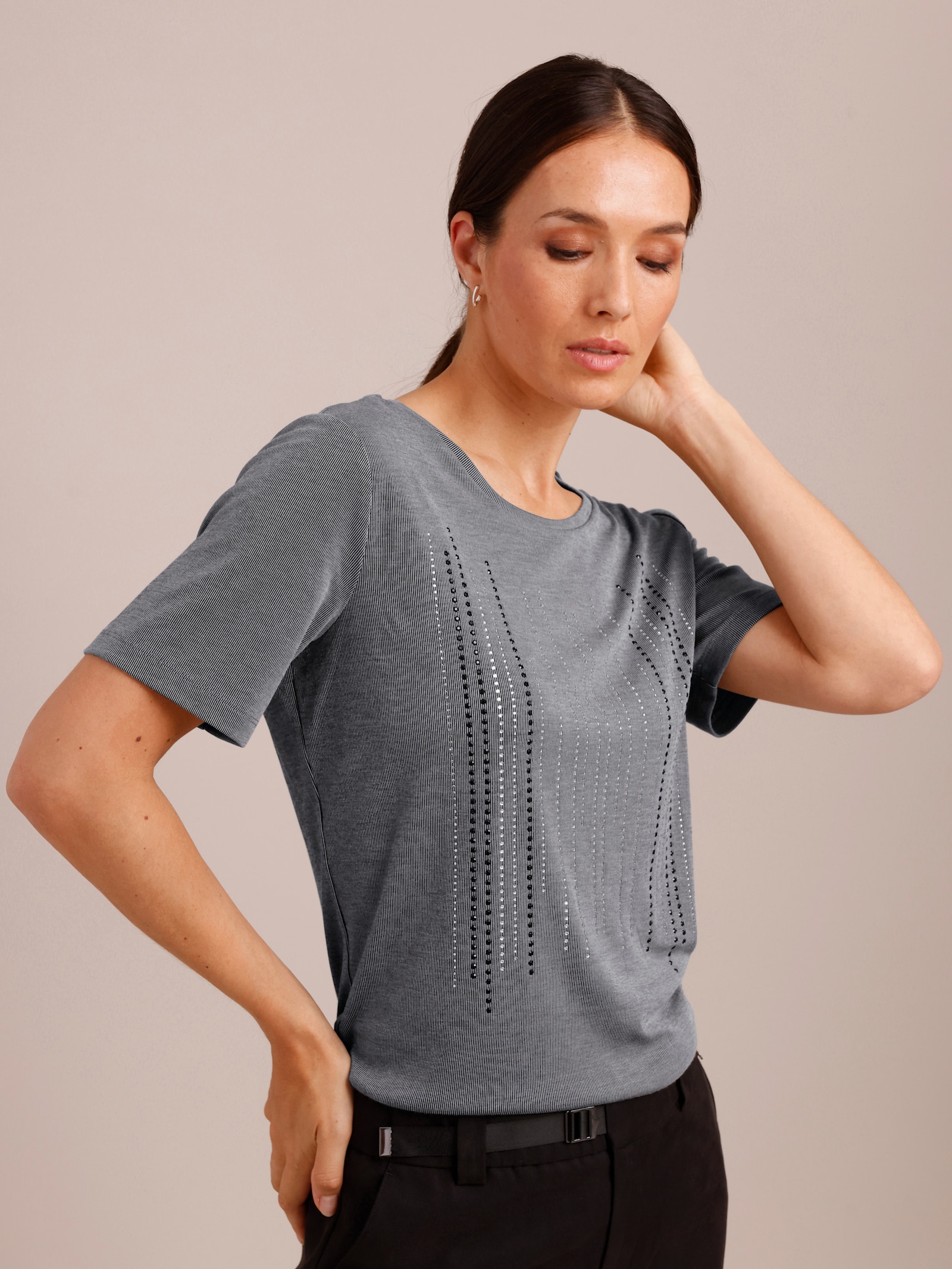 CREATION L PREMIUM Kurzarmshirt mit Glitzersteinchen - schwarz