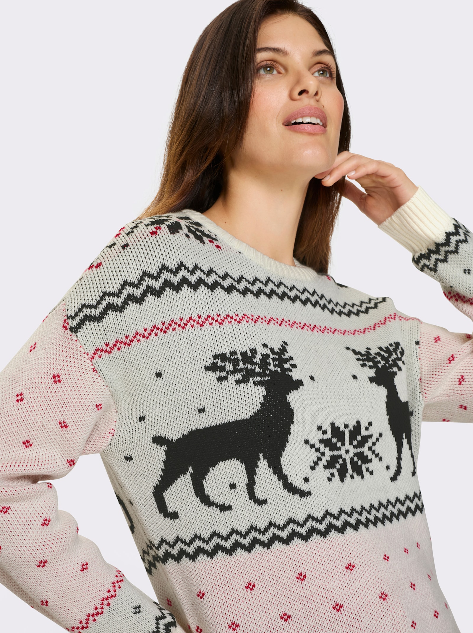 Langarm-Pullover mit Rentier-Motiv - ecru-schwarz-gemustert