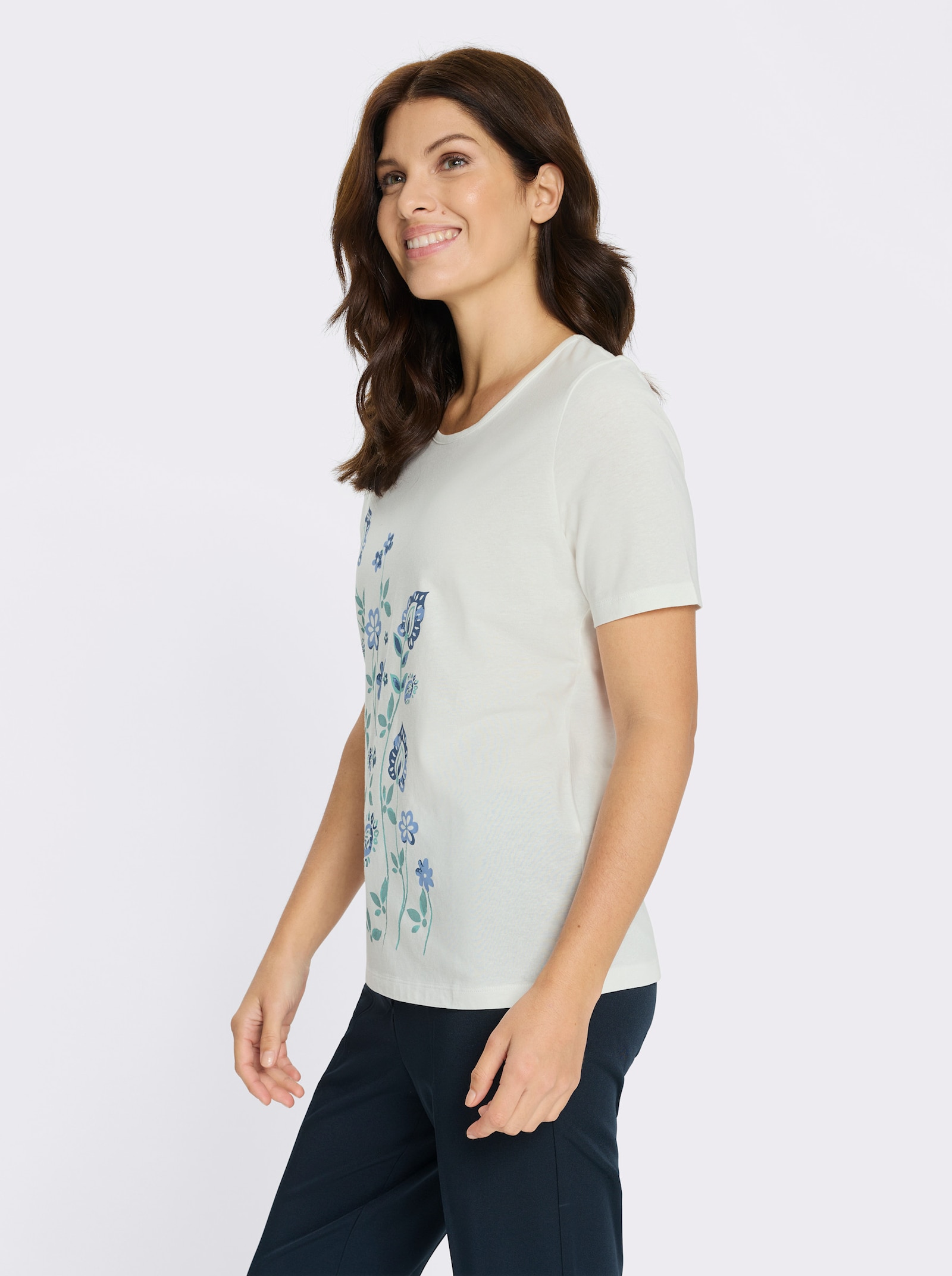 Kurzarmshirt mit Blumenmotiv - ecru-himmelblau-bedruckt