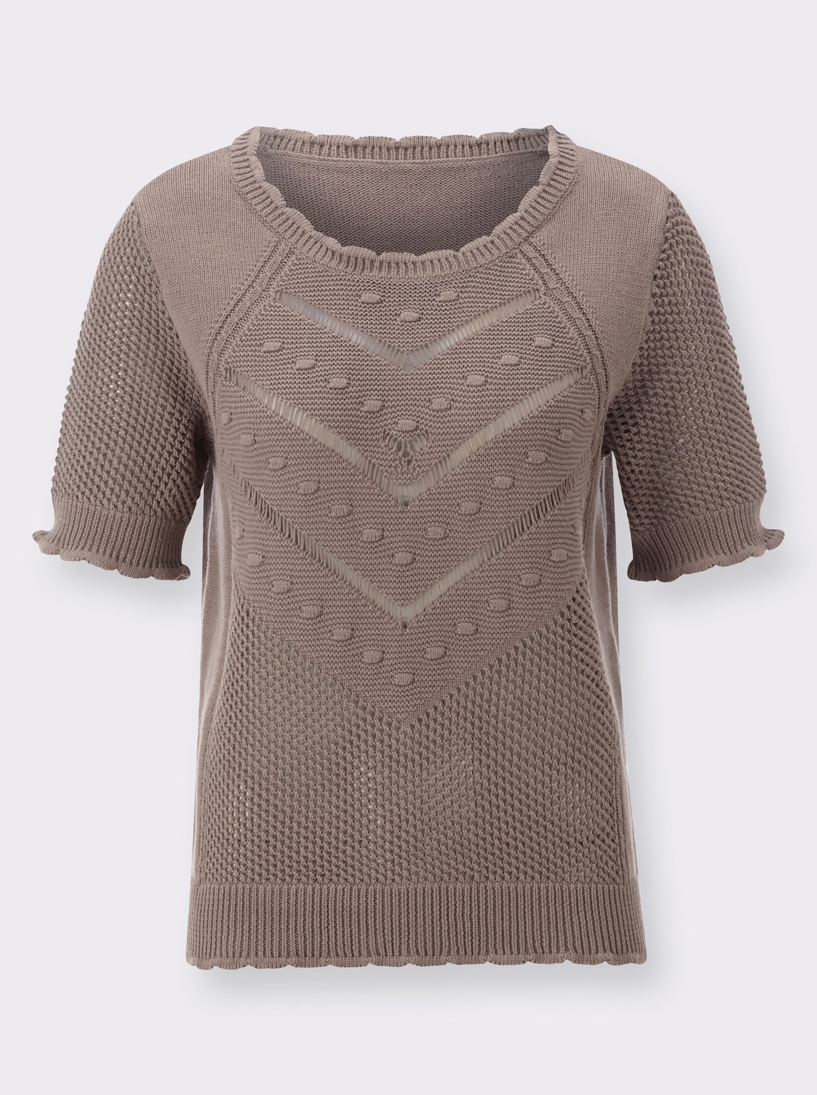 Ažúrový pulóver so zvlnenými zakončeniami - hnedosivá