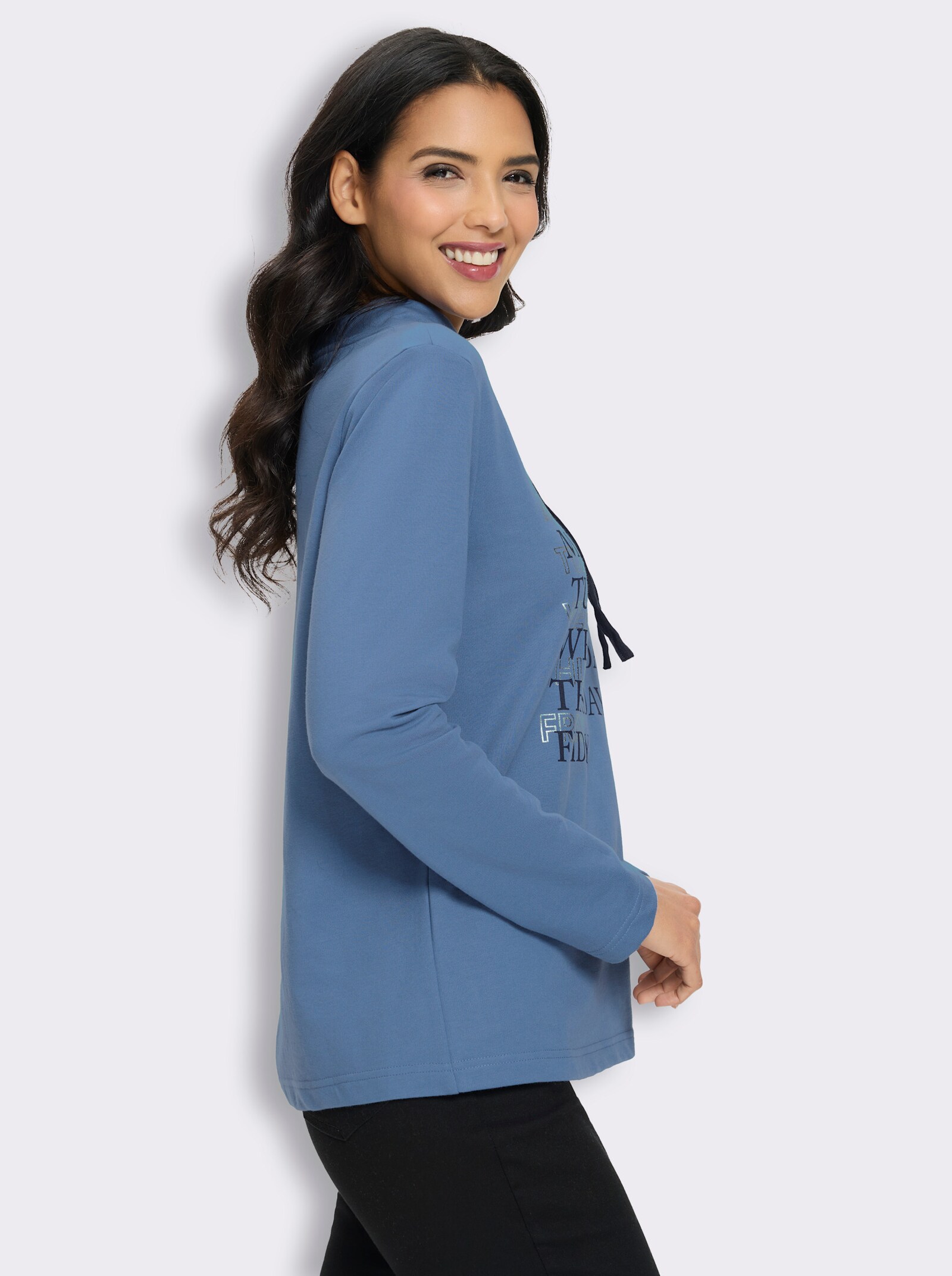 Sweatshirt mit halsfernem Stehkragen - mittelblau-marine-bedruckt