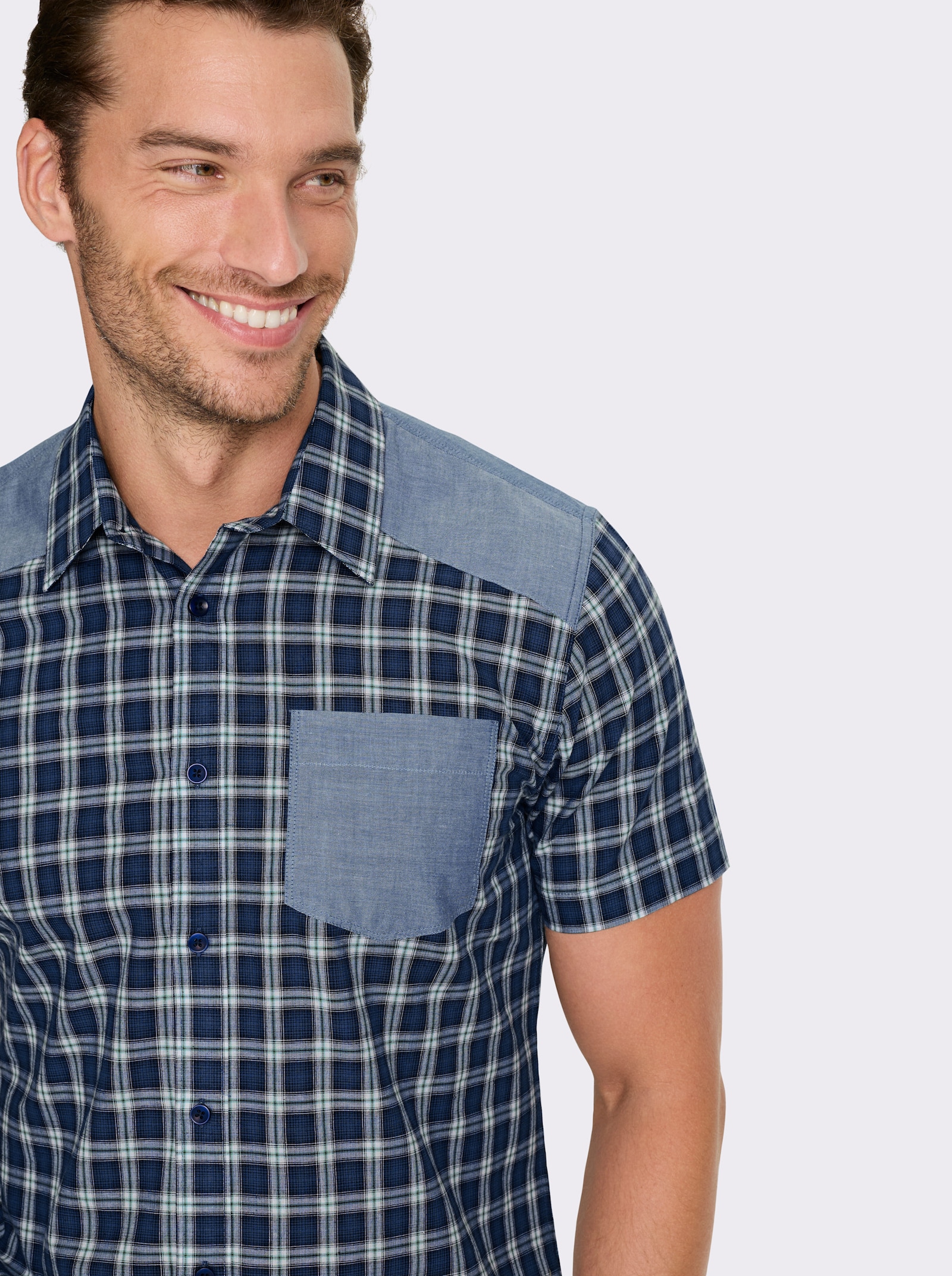 Catamaran Kurzarmhemd mit Webbesätzen, kariert - marine-weiß-kariert