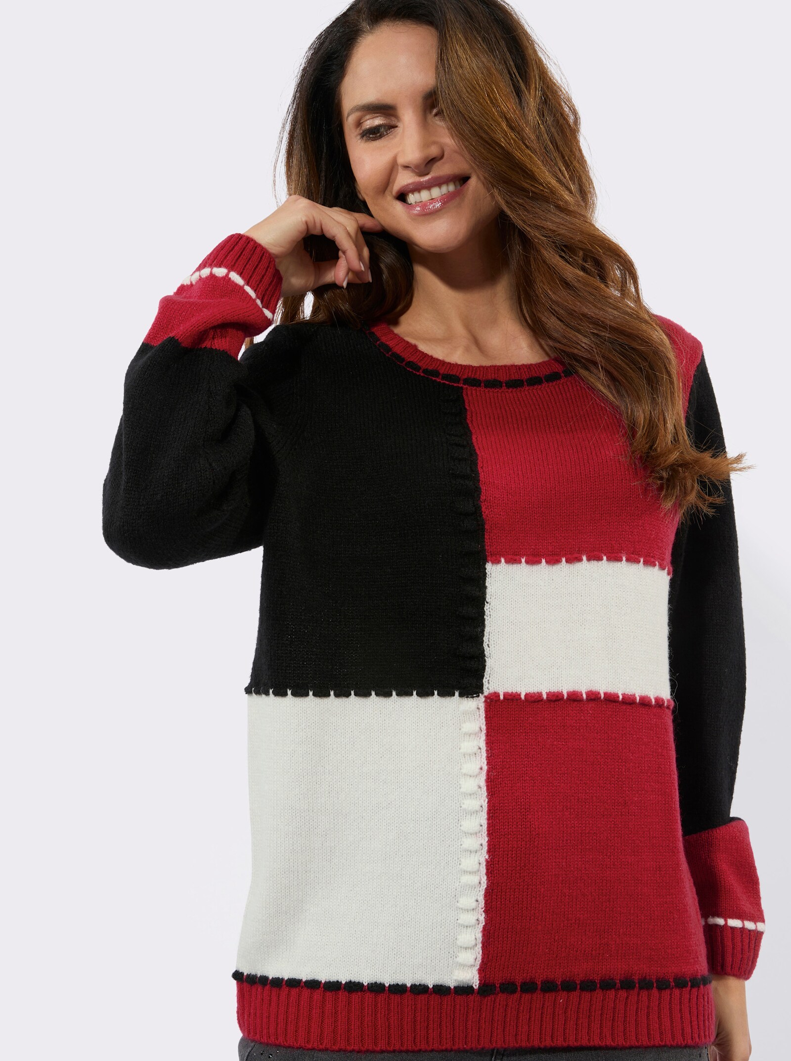 Langarm-Pullover in Colour-Blocking-Optik - rot-schwarz