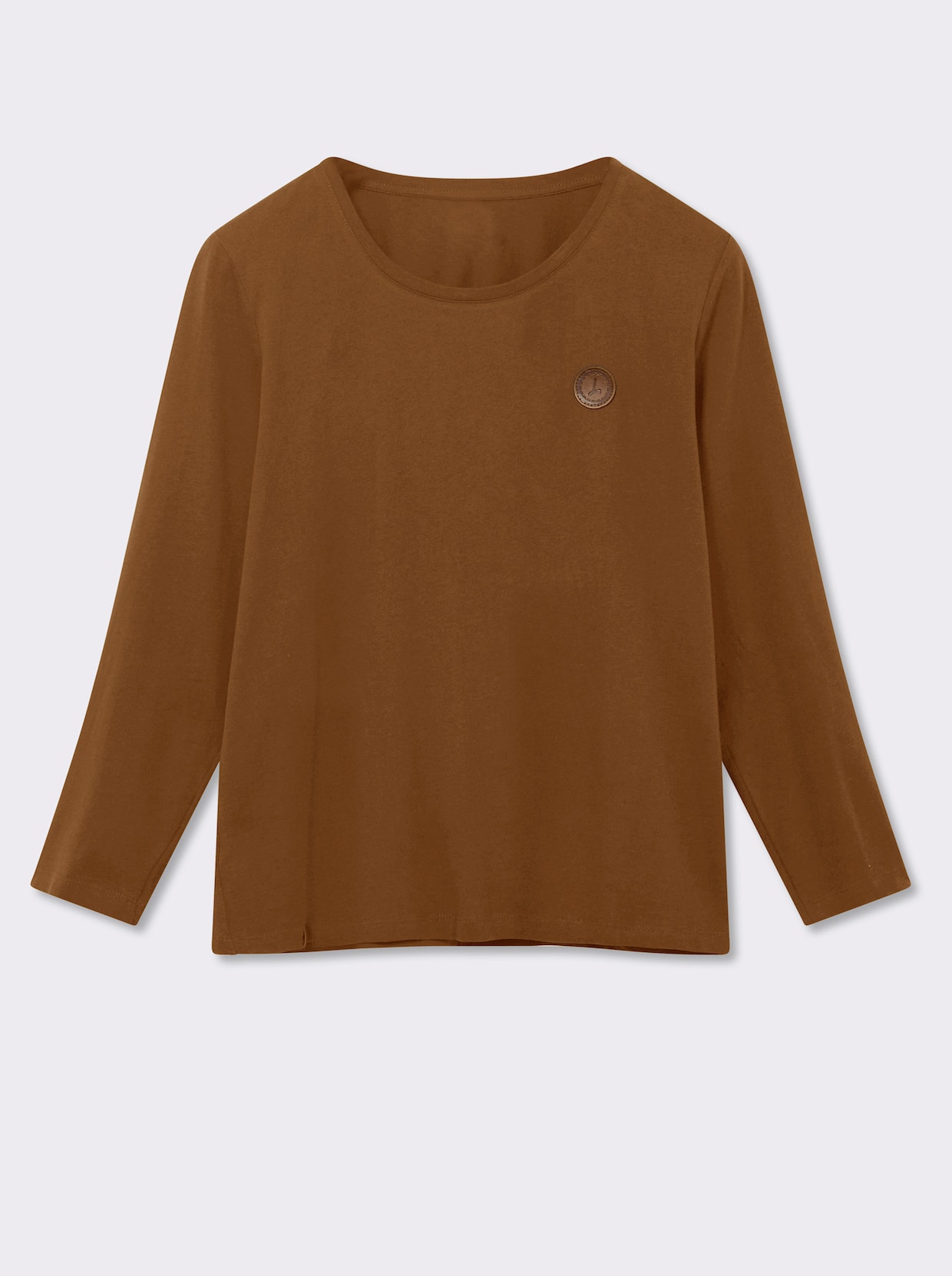 Langarmshirt mit Leder-Imitat-Patch - cognac