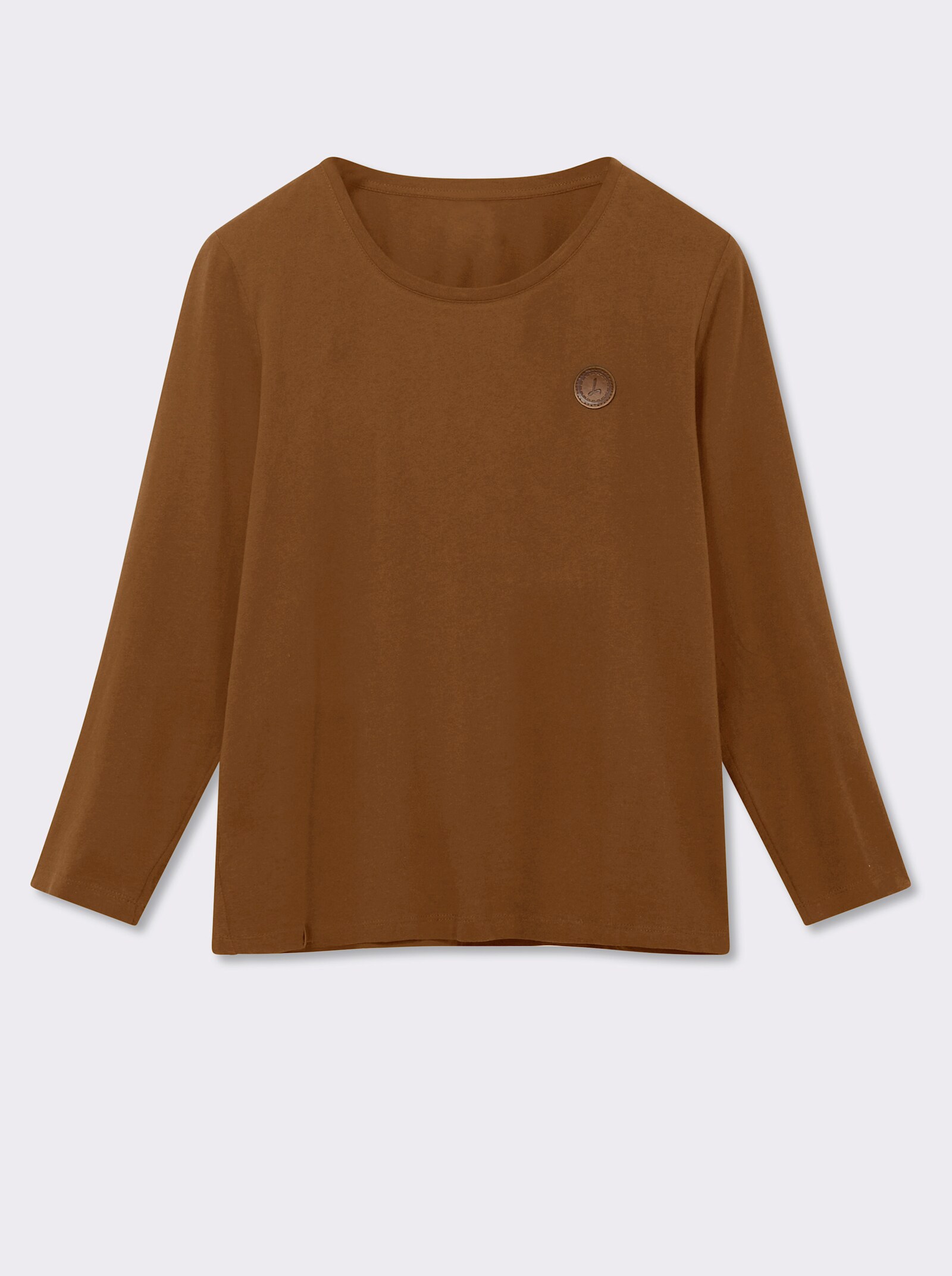 Langarmshirt mit Leder-Imitat-Patch - cognac