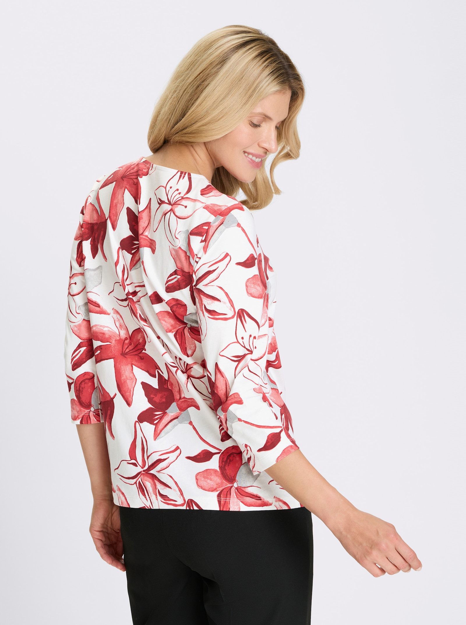 3/4-Arm-Shirt mit floralem Allover-Muster - ecru-rot-bedruckt