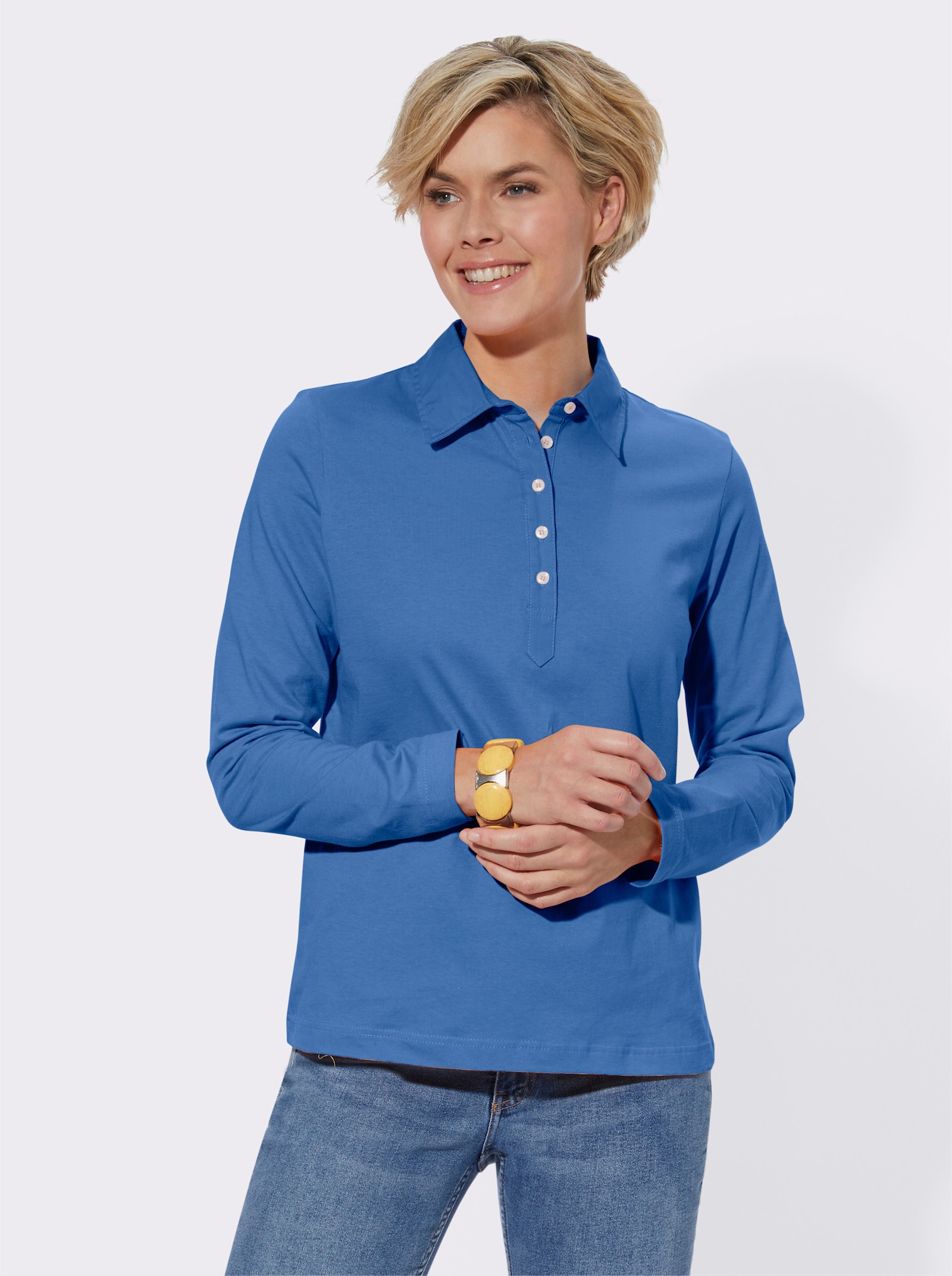 Poloshirt met lange mouwen van puur katoen - blauw