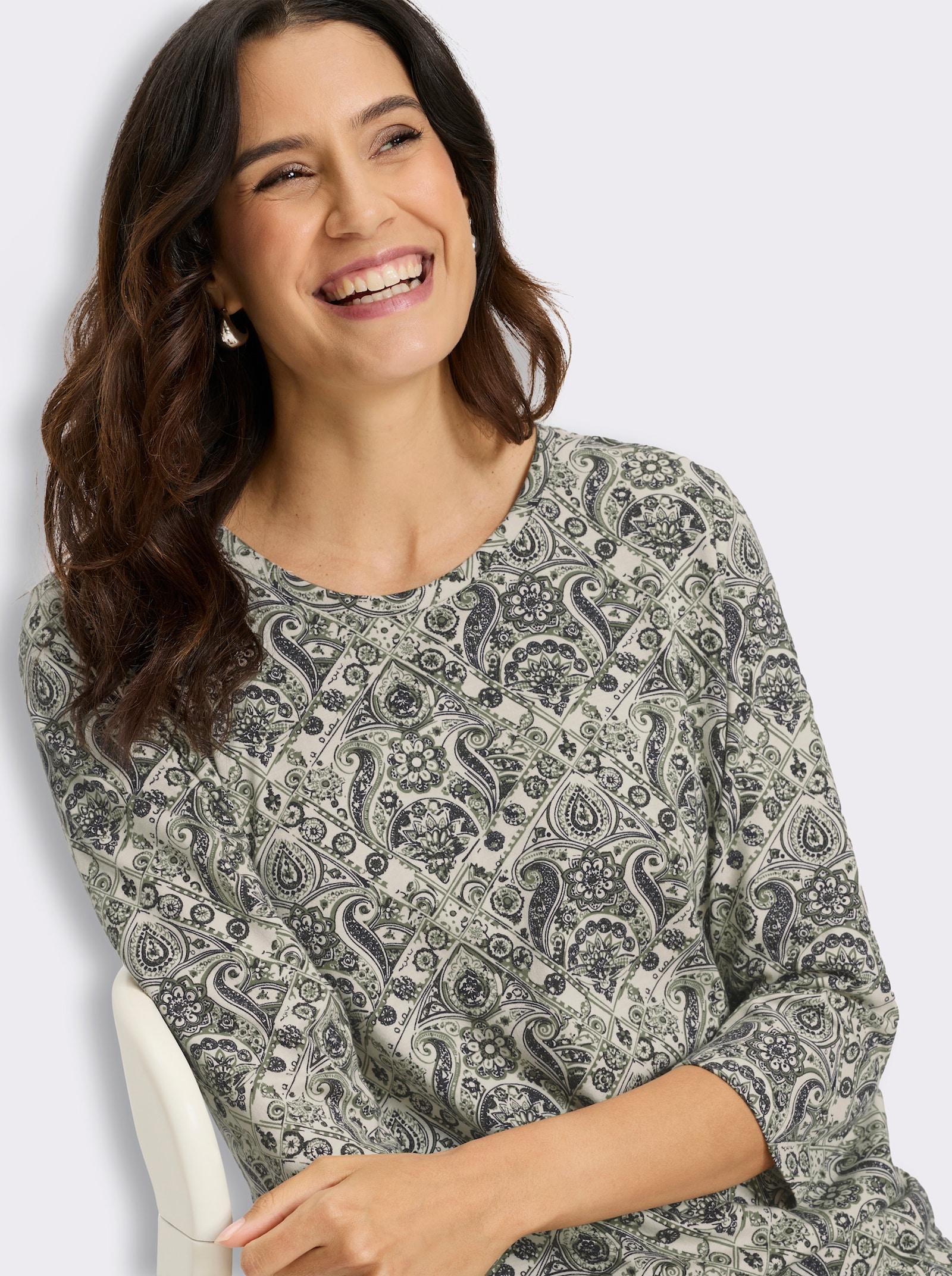 3/4-Arm-Shirt im Baumwoll-Modal-Mix - champagner-khaki-bedruckt